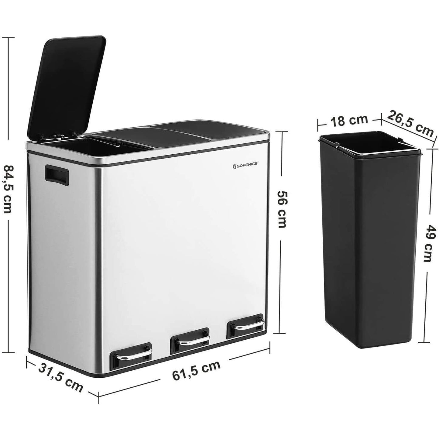 Nancy's Macao Prullenbak - Afvalscheiding - Pedaalemmer - Afvalemmer - Zilver / Zwart - RVS - 54 Liter