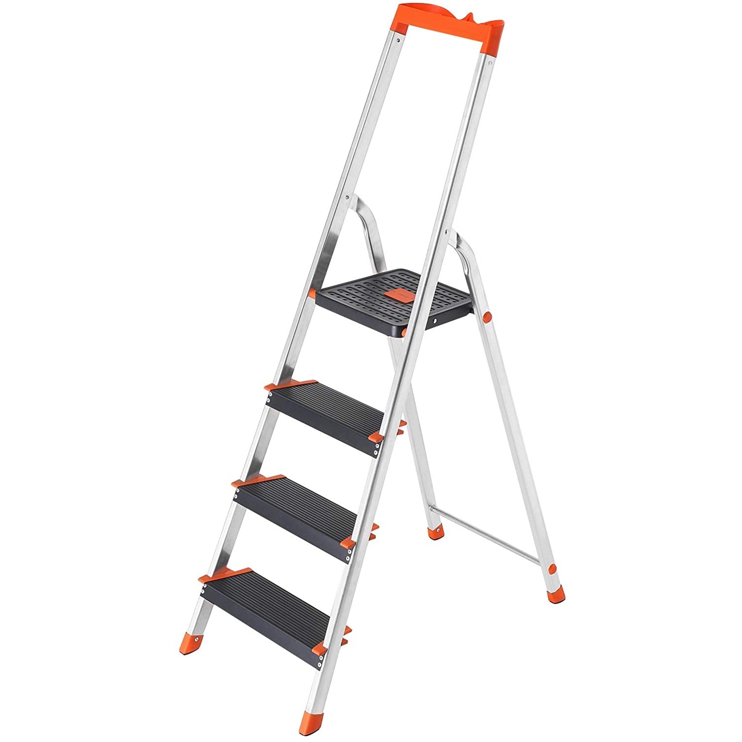 Nancy's Caintown Ladder - 4 Treden - Aluminium - Trapladder - Gereedschapsbakje - Anti-Slip - Zwart - Oranje - 44 x 11,5 x 156 cm