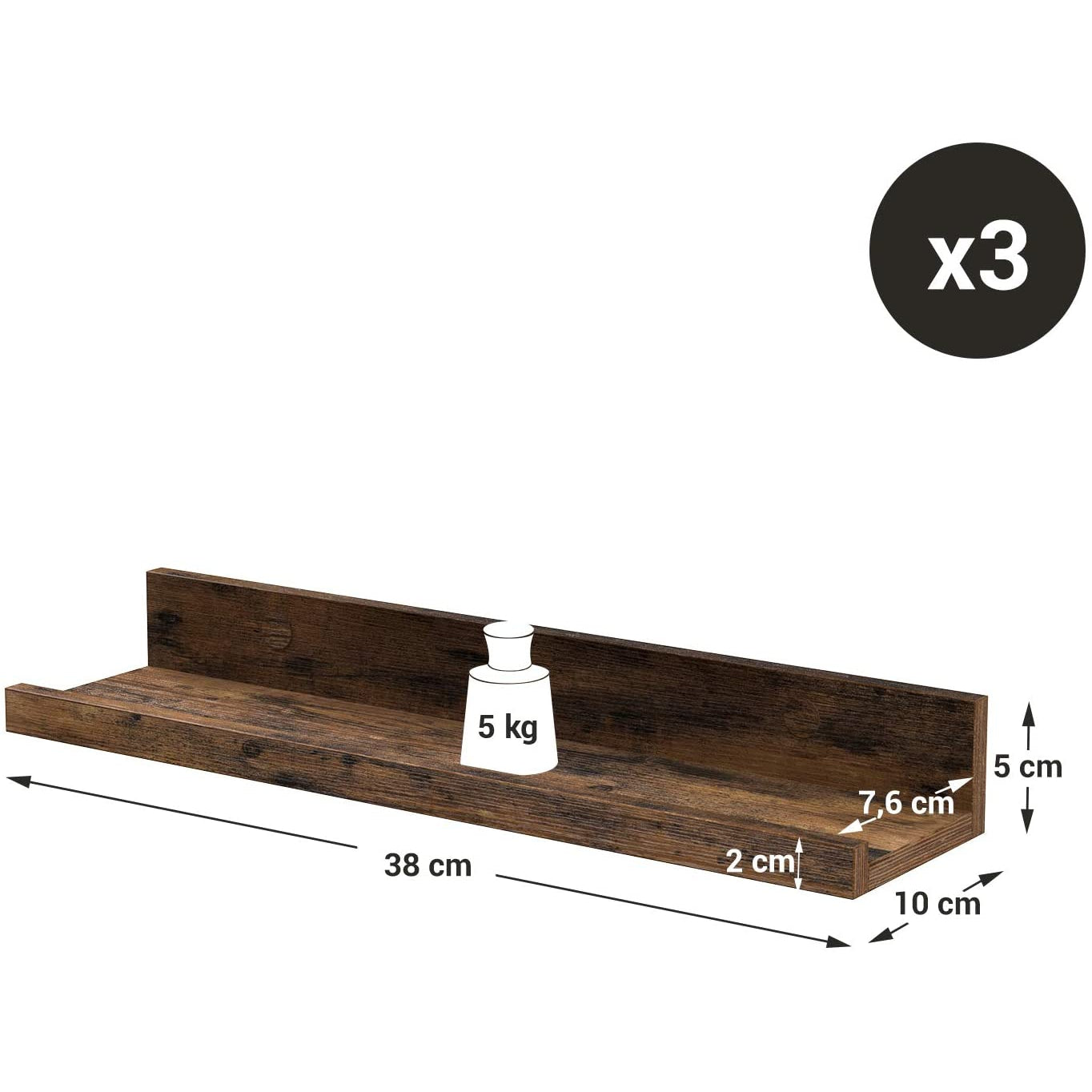 Nancy's Wandplank Industrieel Hout - Set van 3 - Zwevend - Wandplanken - Industrieel - Spaanplaat - Lengte 38 cm - Vintage bruin