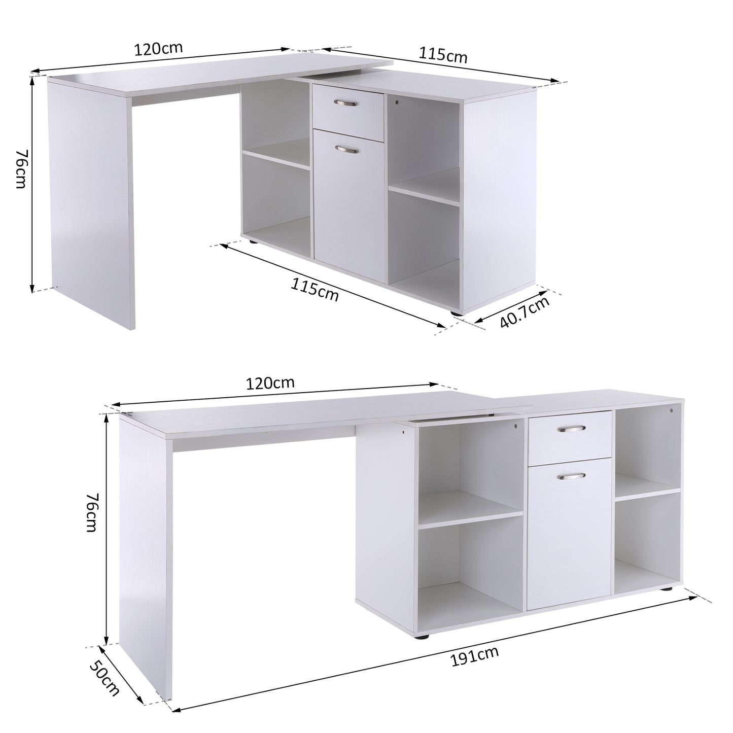 Nancy's Wheeling Hoekbureau - Bureau - Computrertafel - MDF - Wit - 120 x 50 x 76 cm - Opslagruimte - Lades