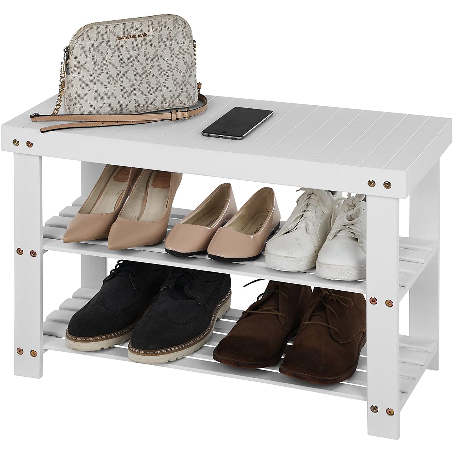 Nancy's 3-Laags Bamboo Schoenenbank | Schoenenrek | Bijzettafel | Badkamerrek| Ideaal voor hal, badkamer, woonkamer en gang | Afm. 70 x 28 x 45 cm | Kleur: WIT