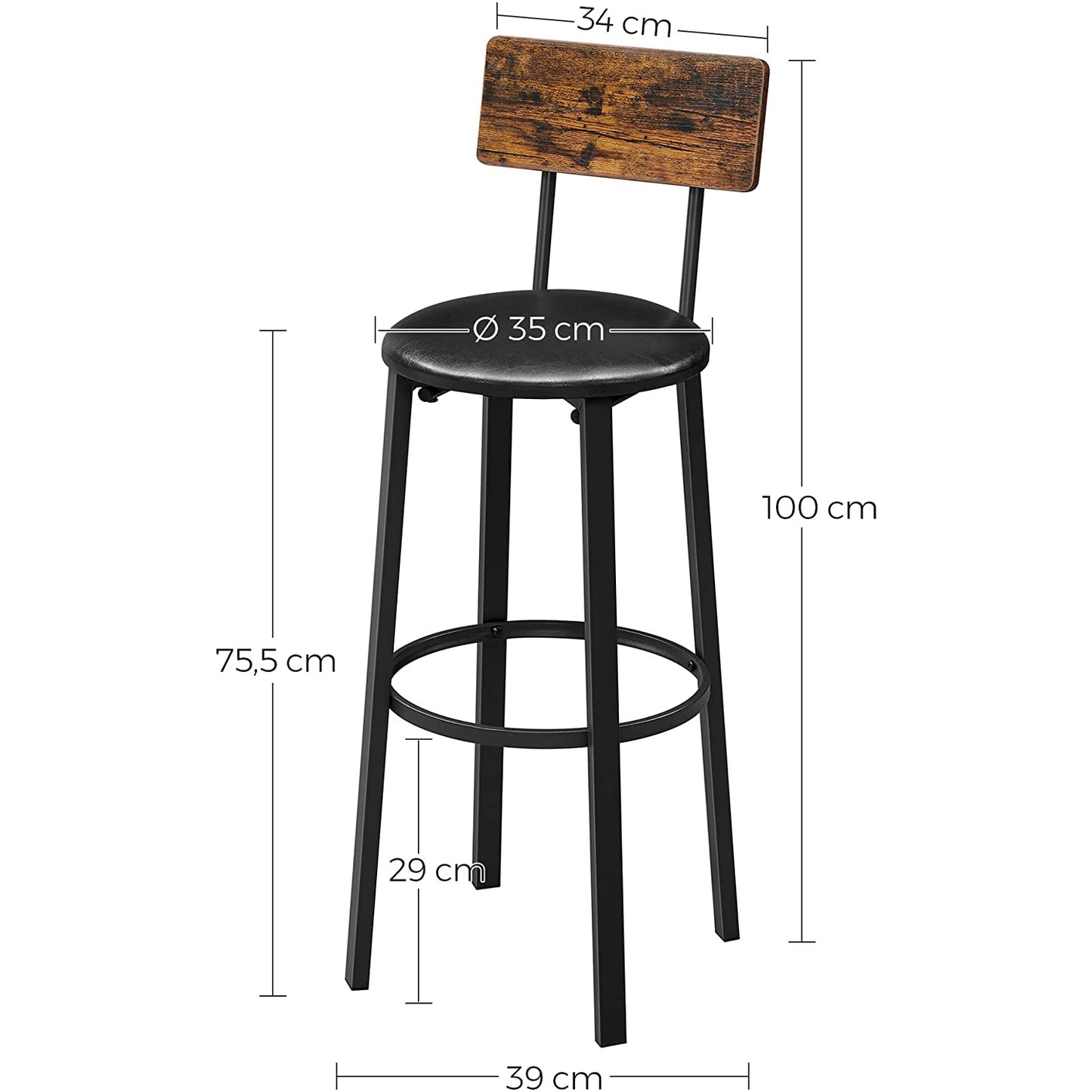 Nancy's Gordon Barkrukken 2 Stuks - Barstoelen met Voetensteun - Barkruk Industrieel - Industrieel - Stabiel - 37 x 46,5 x 99 cm (L x B x H)