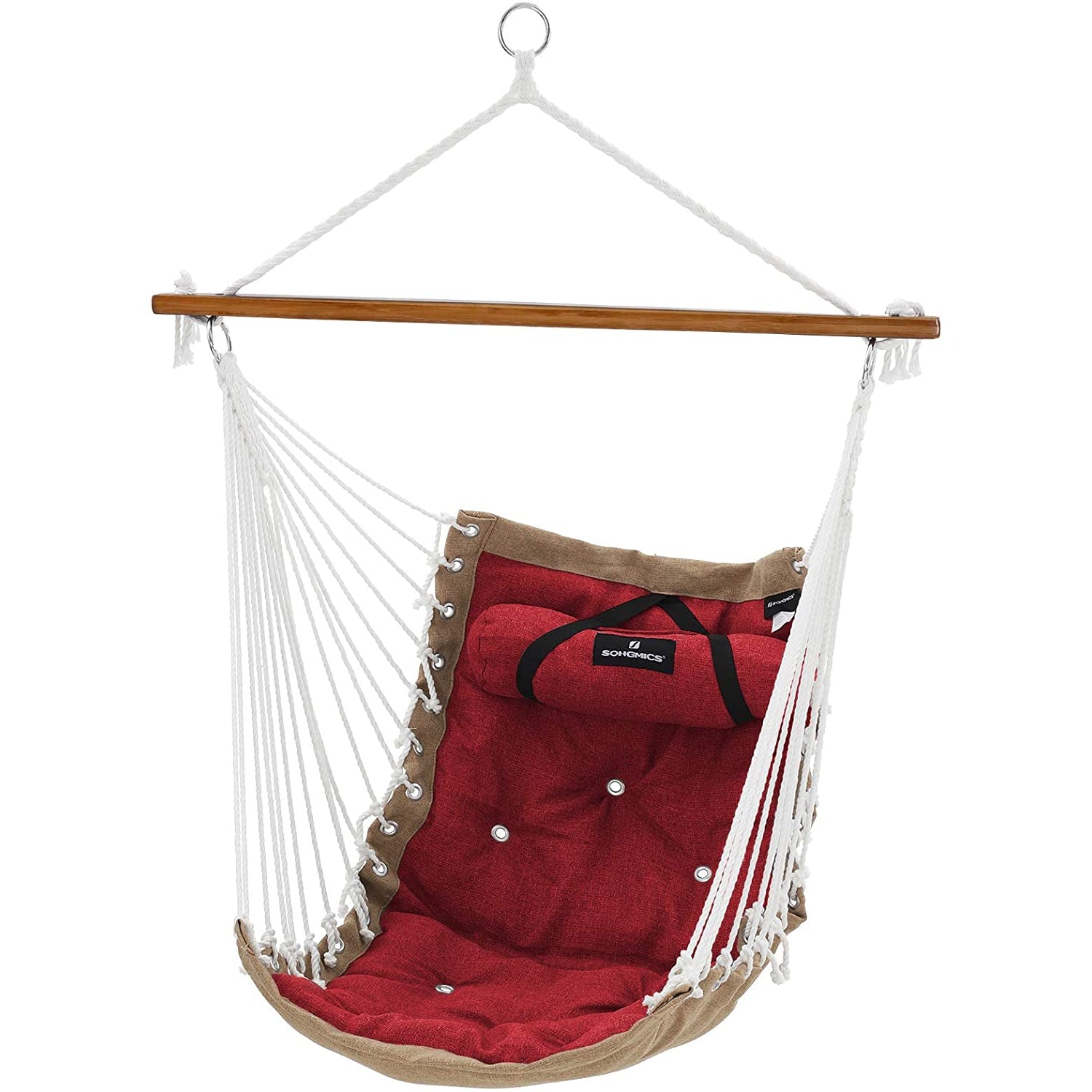 Nancy's Bread Cove Hangstoel - Kussen - Bamboe - Schommelstoel - Gewatteerd - Rood - Kaki - 70 x 120 cm
