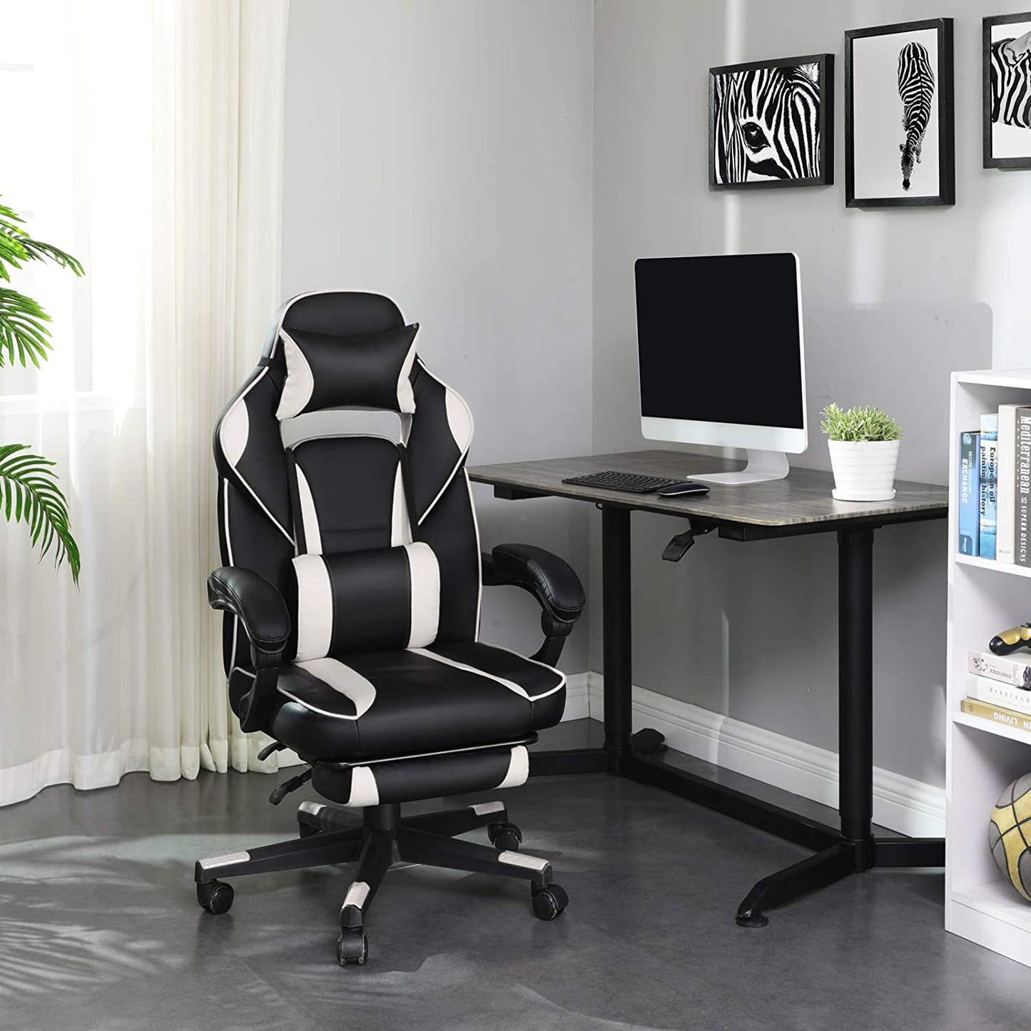 Nancy's Gatineau Gamestoel - Bureaustoel - Draaistoel - Uitschuifbare Voetensteun - Ergonomisch - Zwart / Wit