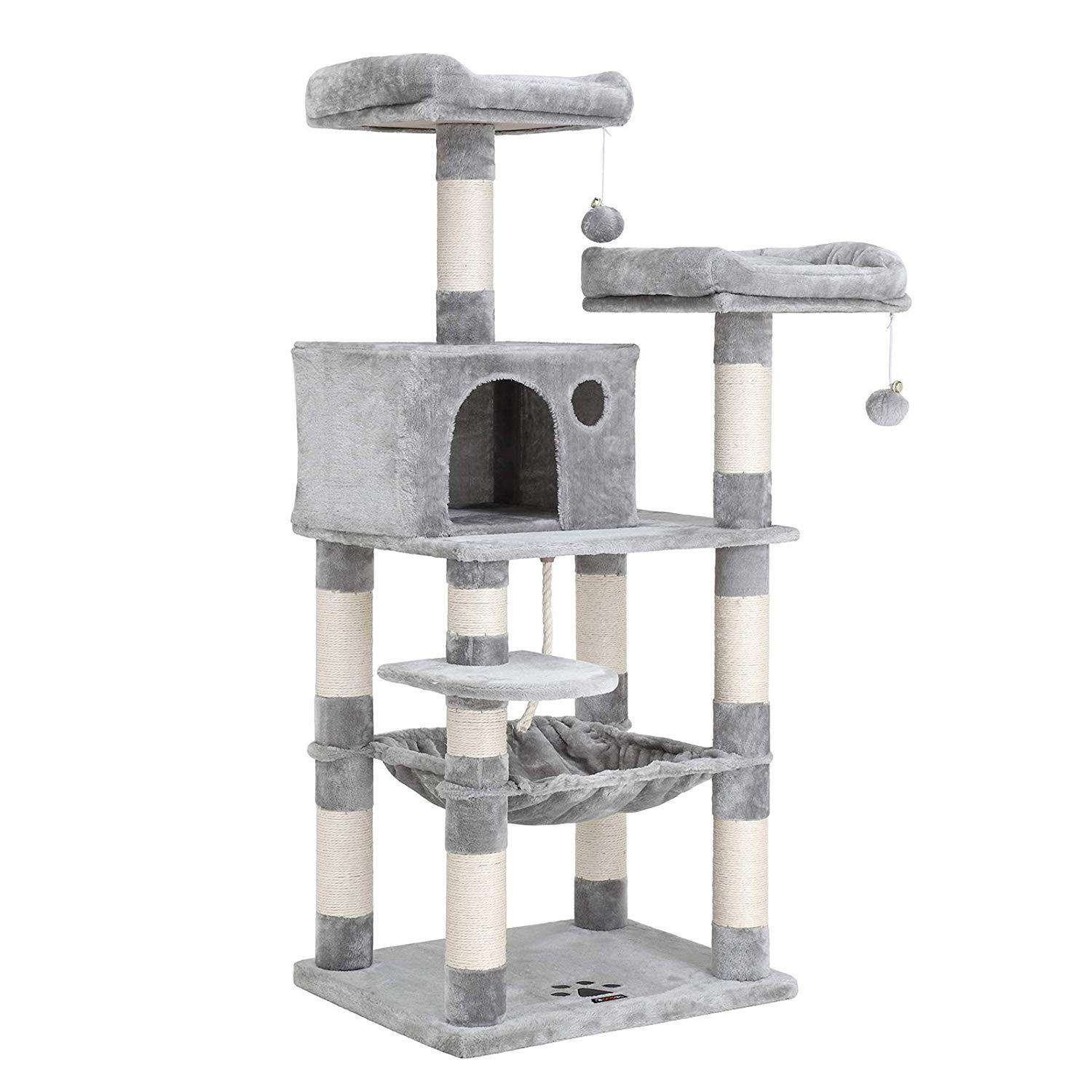 Nancy's Cathlamet Kattenboom - Krabpaal - Klimboom voor katten - Kat Toren met grot - Lichtgrijs - 55 x 45 x 143 cm