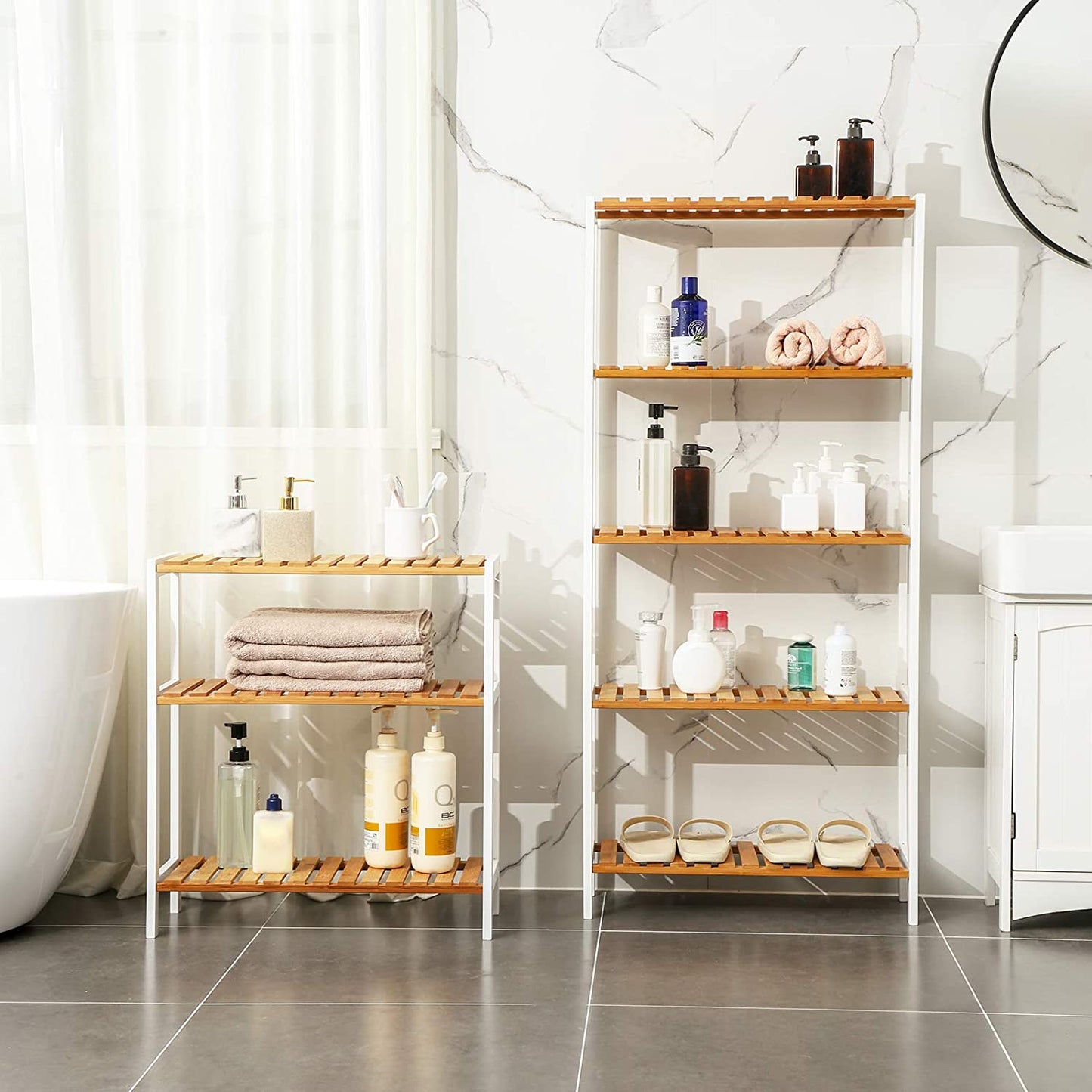 Nancy's Gads Hill Schoenenrek - Schoenenplank - Bamboe - Rekje - 3 Niveaus - Wit - Beige - 60 x 26 x 66 cm
