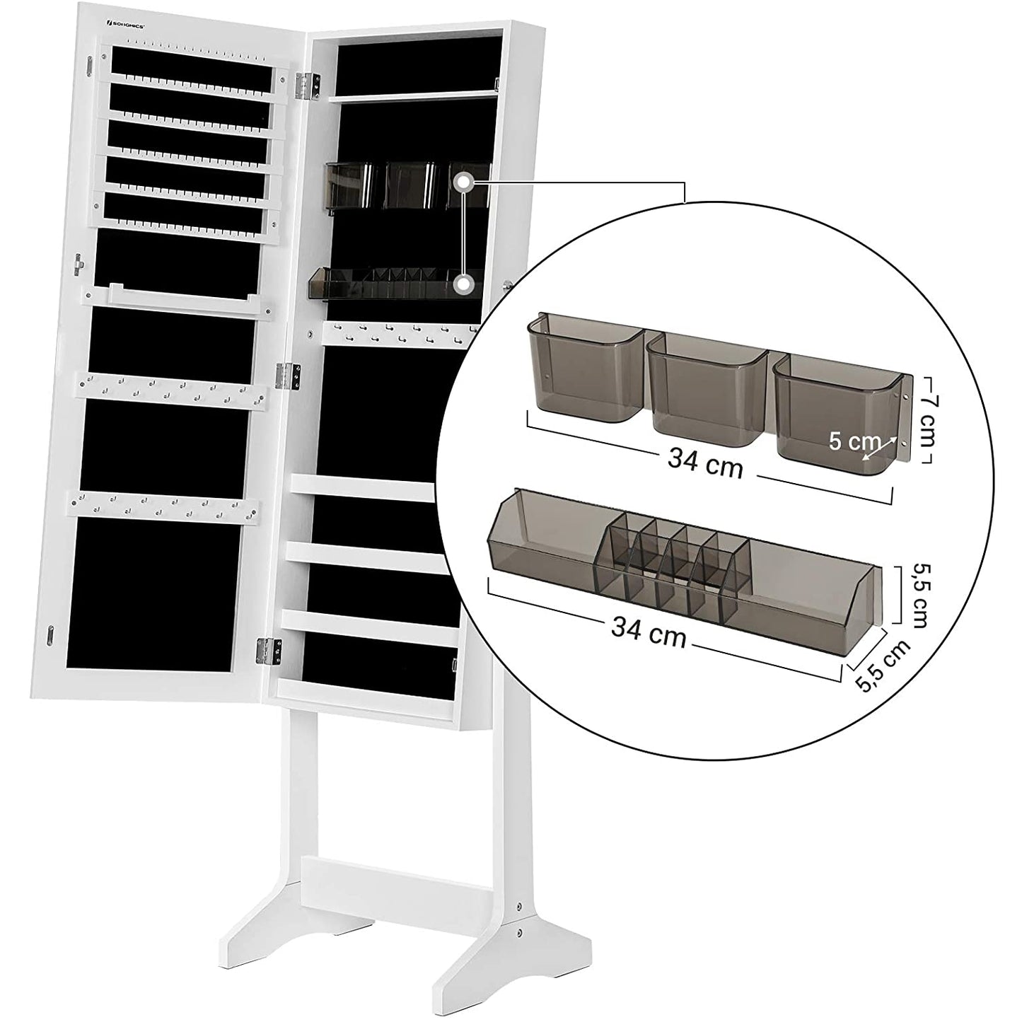 Nancy's Rosemead Sieradenspiegel - Sieradenkast - Spiegelkast - Make-Up Organizer - Frameloos - Afsluitbaar - Wit - MDF - 41.2 x 36.5 x 152 cm