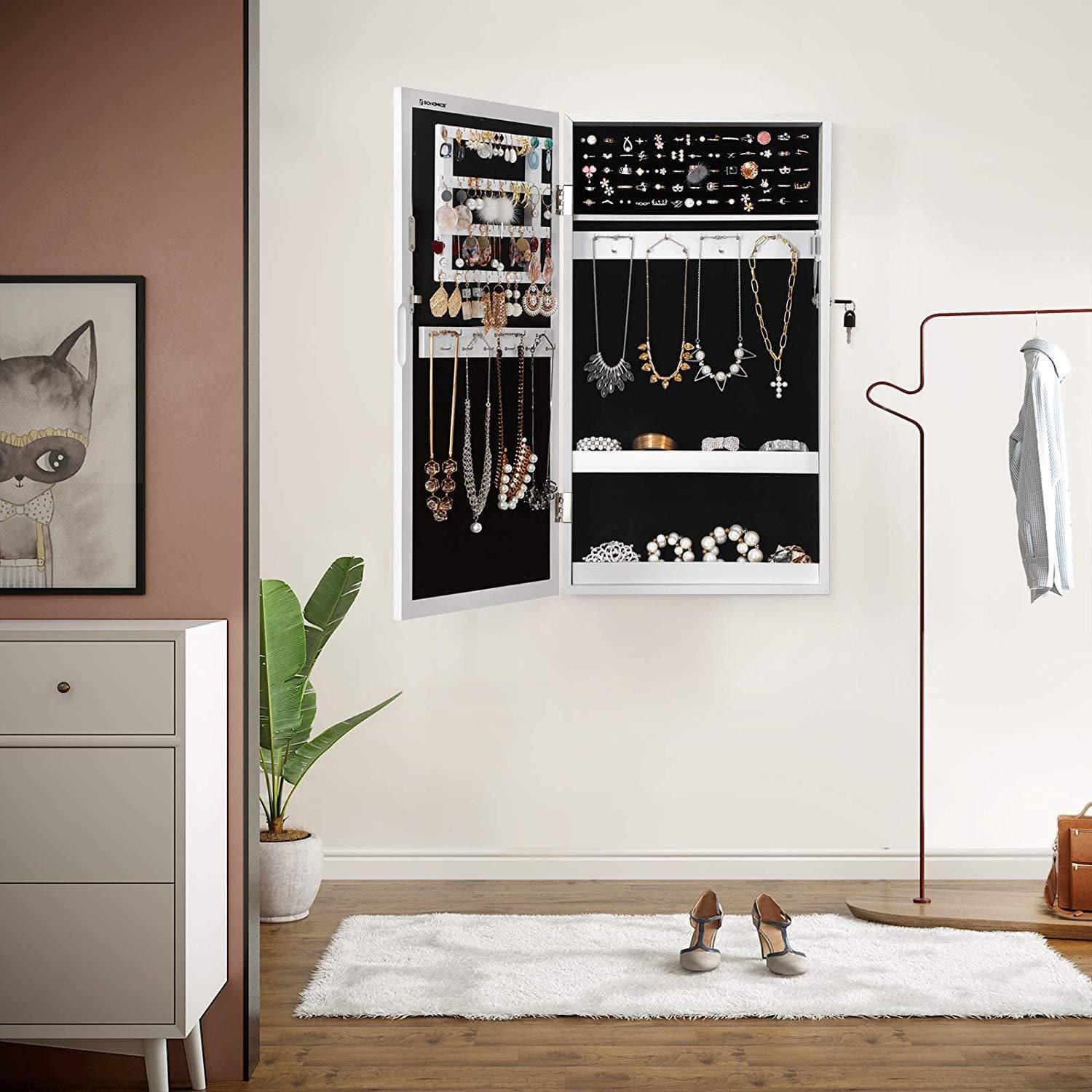 Armoire à bijoux miroir Nancy's Gradil - Miroir pleine longueur - Rangement bijoux - Armoire à miroir - Miroir mural - Blanc - ± 40 x 10 x 70 cm