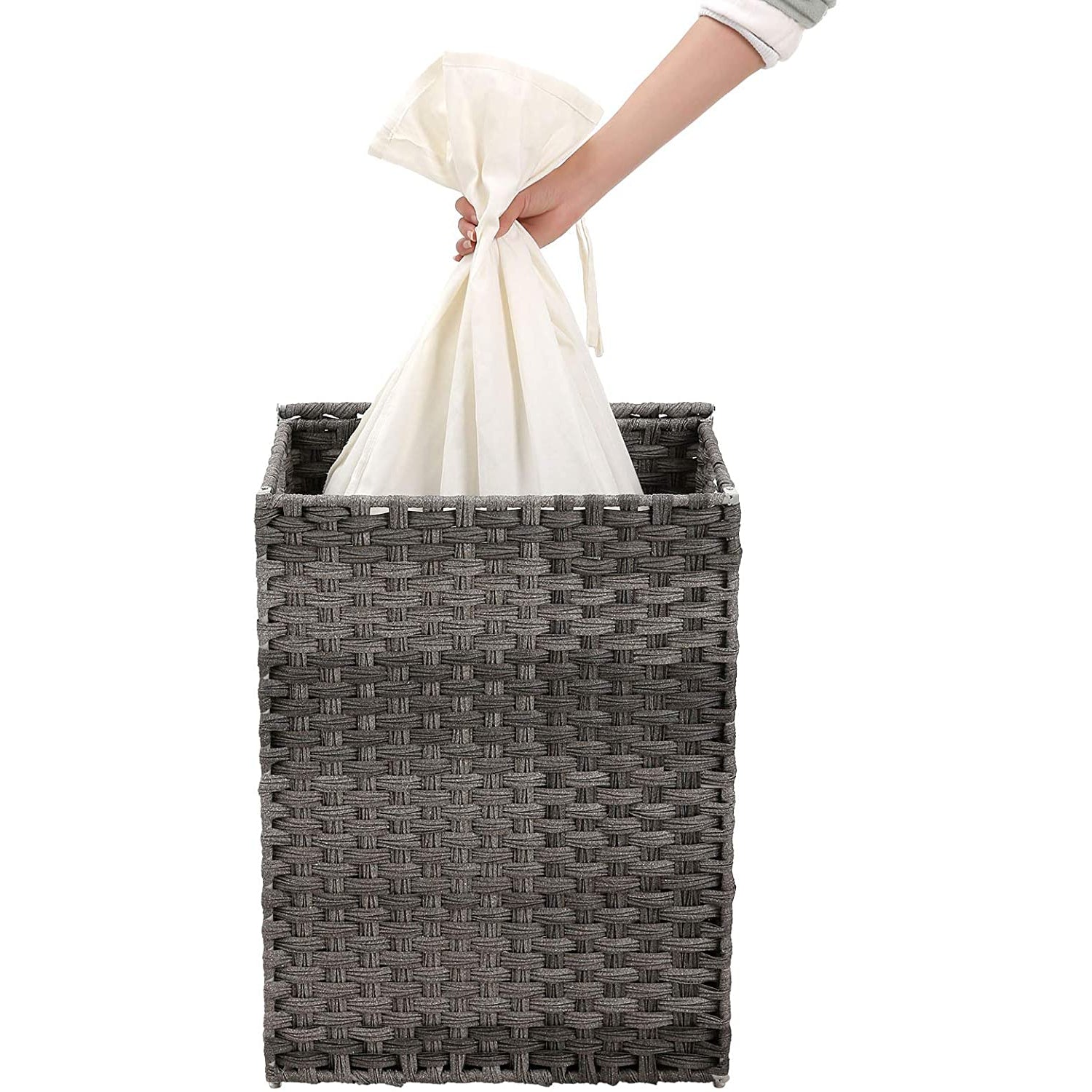 Panier à linge Nancy's 90L - Panier à linge tissé main - Synthétique - Panier à linge pliable - Gris/Marron - 46 x 33 x 60 cm