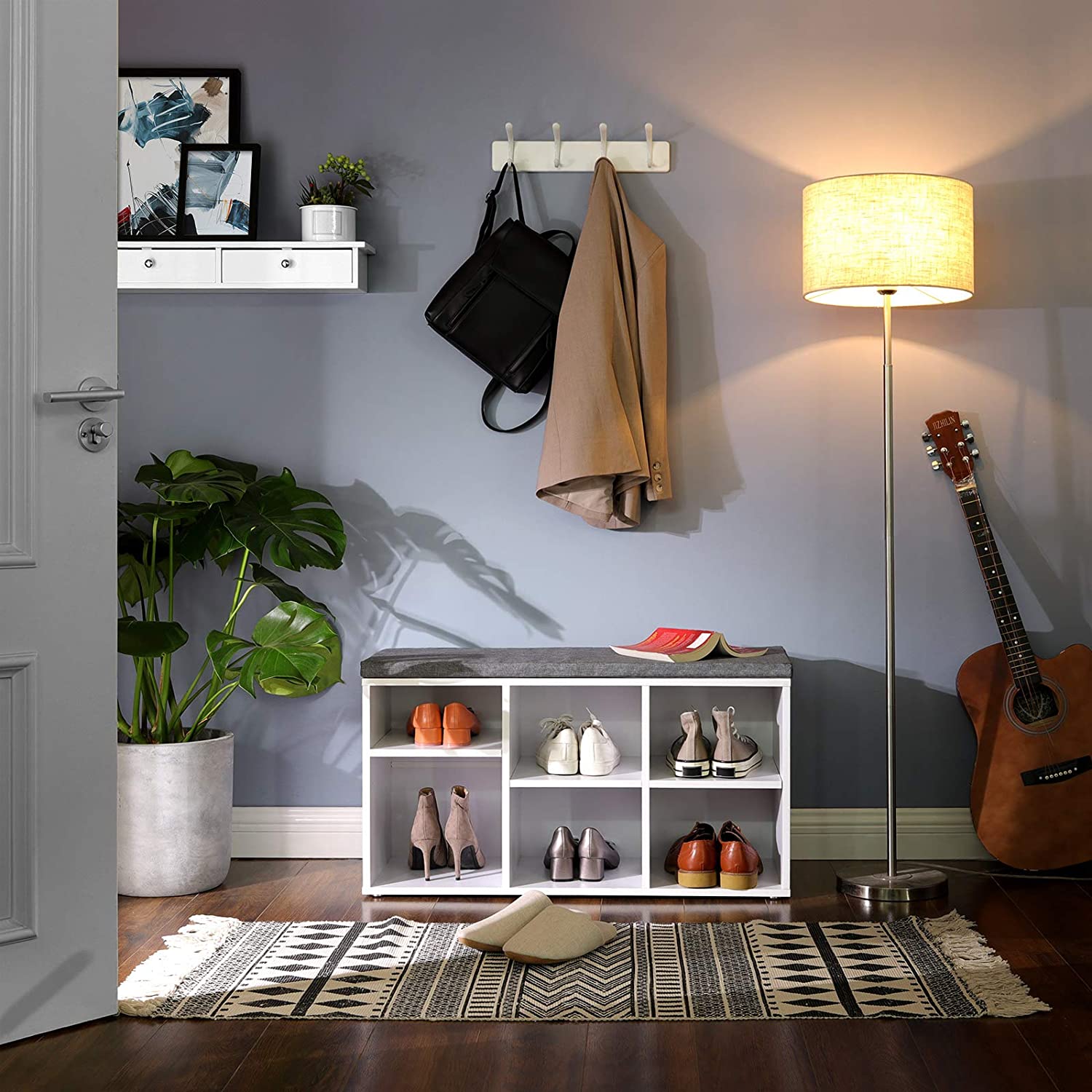 Nancy's Schoenenbank - Schoenenrek - 6 compartimenten en 3 verstelbare planken - Wit - 87 x 30 x 48