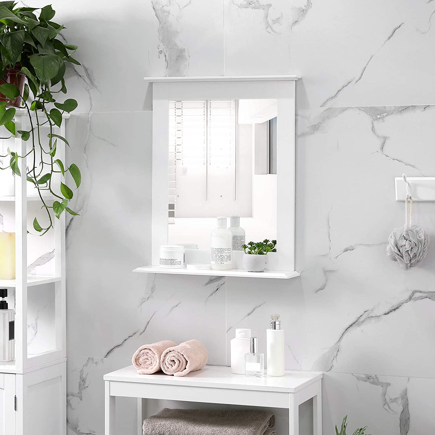 Nancy's Pacific Wandspiegel - Badkamerspiegel met plank - Wandmontage, Make-up spiegel, voor kaptafel - 46 x 12 x 55 cm - Mat wit