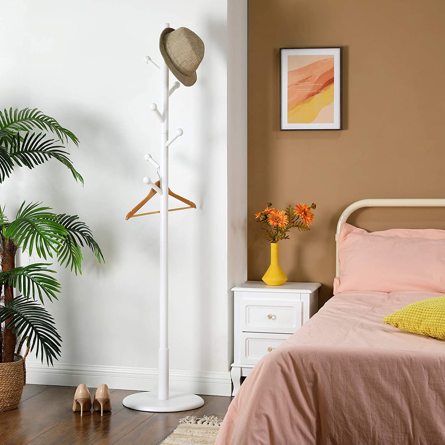 Nancy's Cayuga Coat Rack - Freestanding - 7 Hooks - Rounded Hooks - Solid Rubberwood - White