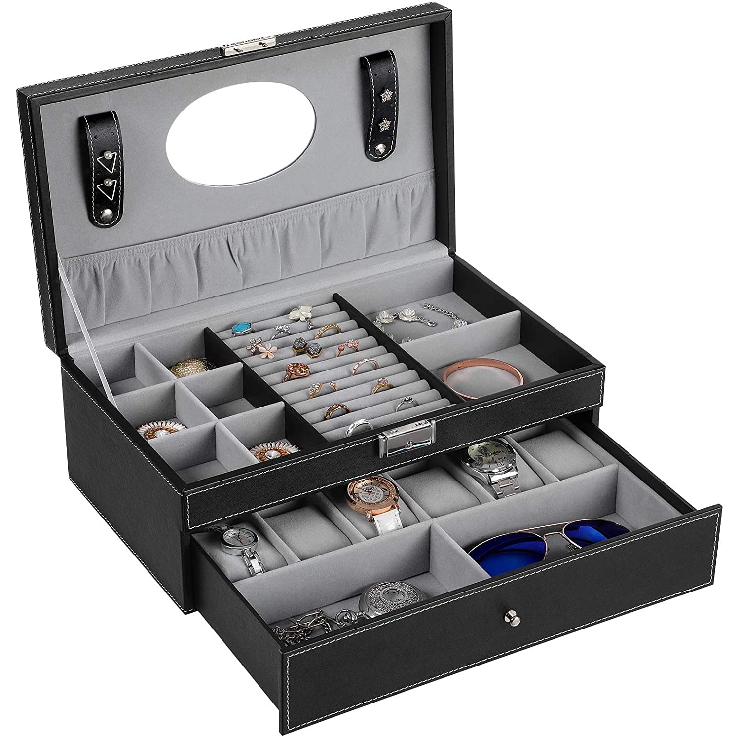 Nancy's Horlogedoos met Spiegel - 6 Horloges - Sieradendoos - Kunstleer - Zwart