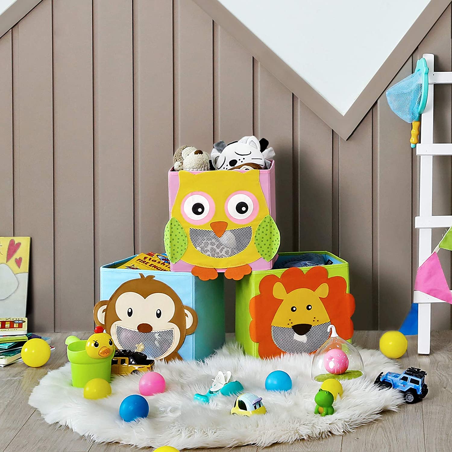 Boîtes de rangement Nancy's Cedarvale - Organisateurs - Ensemble de 3 - Organisateurs - Tissu - Pliable - Chambre d'enfant - Animaux - 27 x 27 x 27 cm