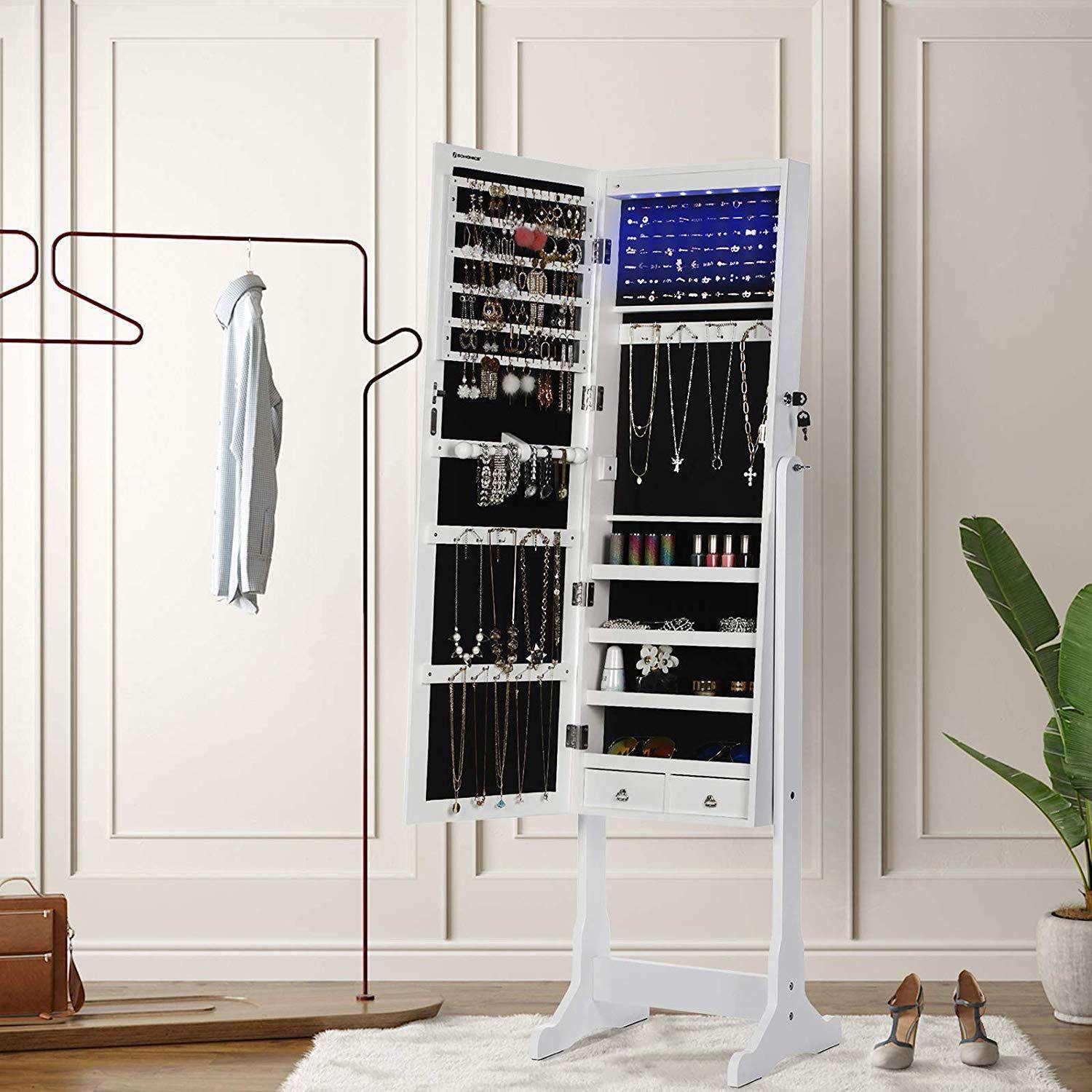 Armoire à bijoux sur pied Milharado de Nancy avec miroir et éclairage LED - Armoire à miroir - Blanc - ± 40 x 35 x 150 cm -