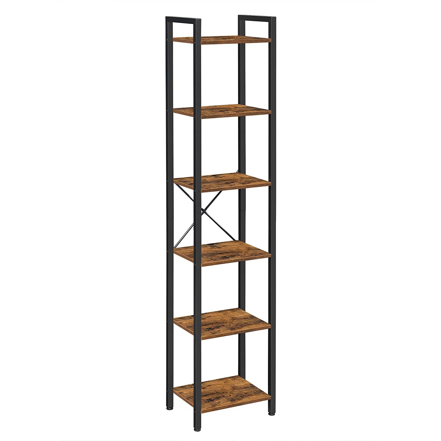 Nancy's Covina Opbergrek - Boekenrek - Open Kast - 6 Niveaus - Vintage - Industrieel - Bruin -  Bewerkt Hout - Metaal - 40 x 30 x 178.6 cm