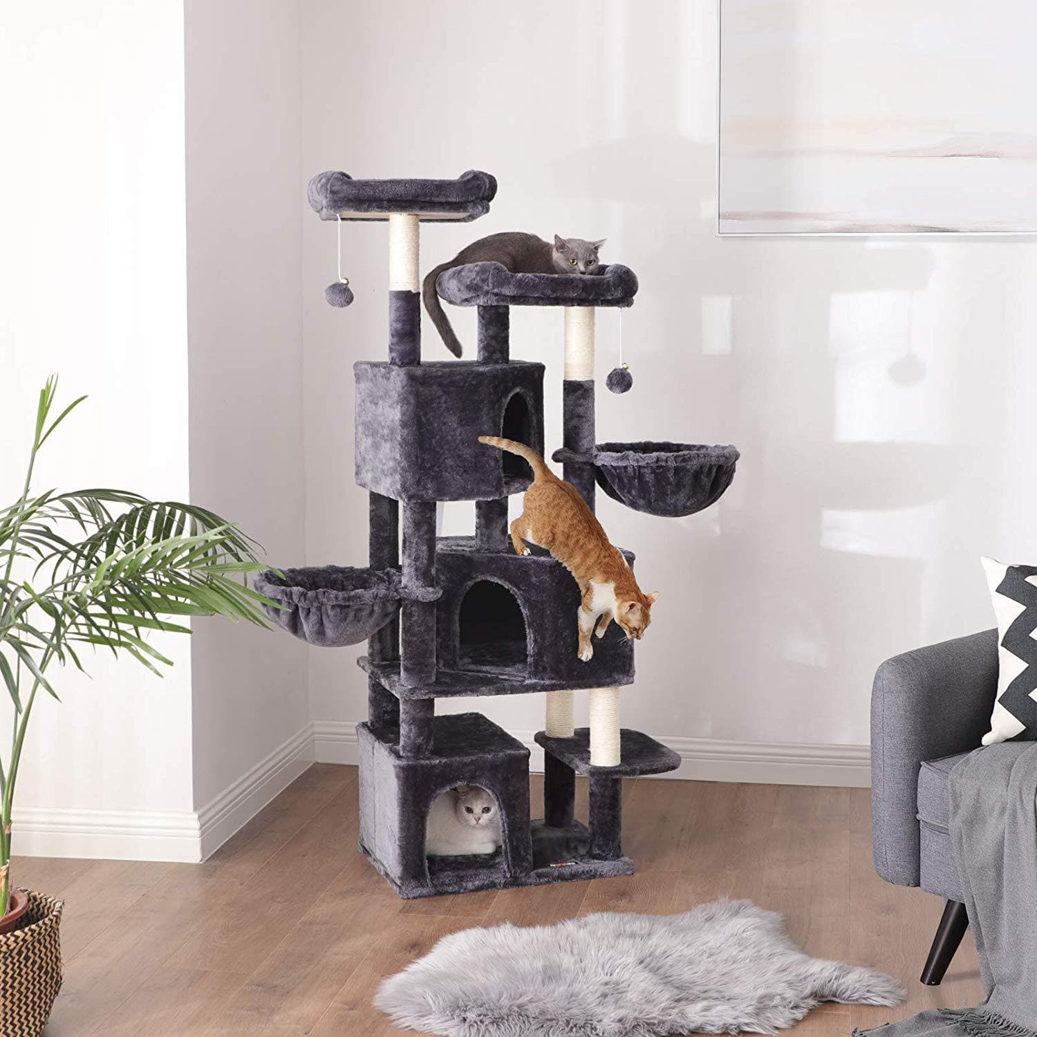 Nancy's XXL Kattenboom - Kat toren met 3 grotten - Krabpaal - Krabpalen voor katten -Donkergrijs - 55 x 40 x 164 cm