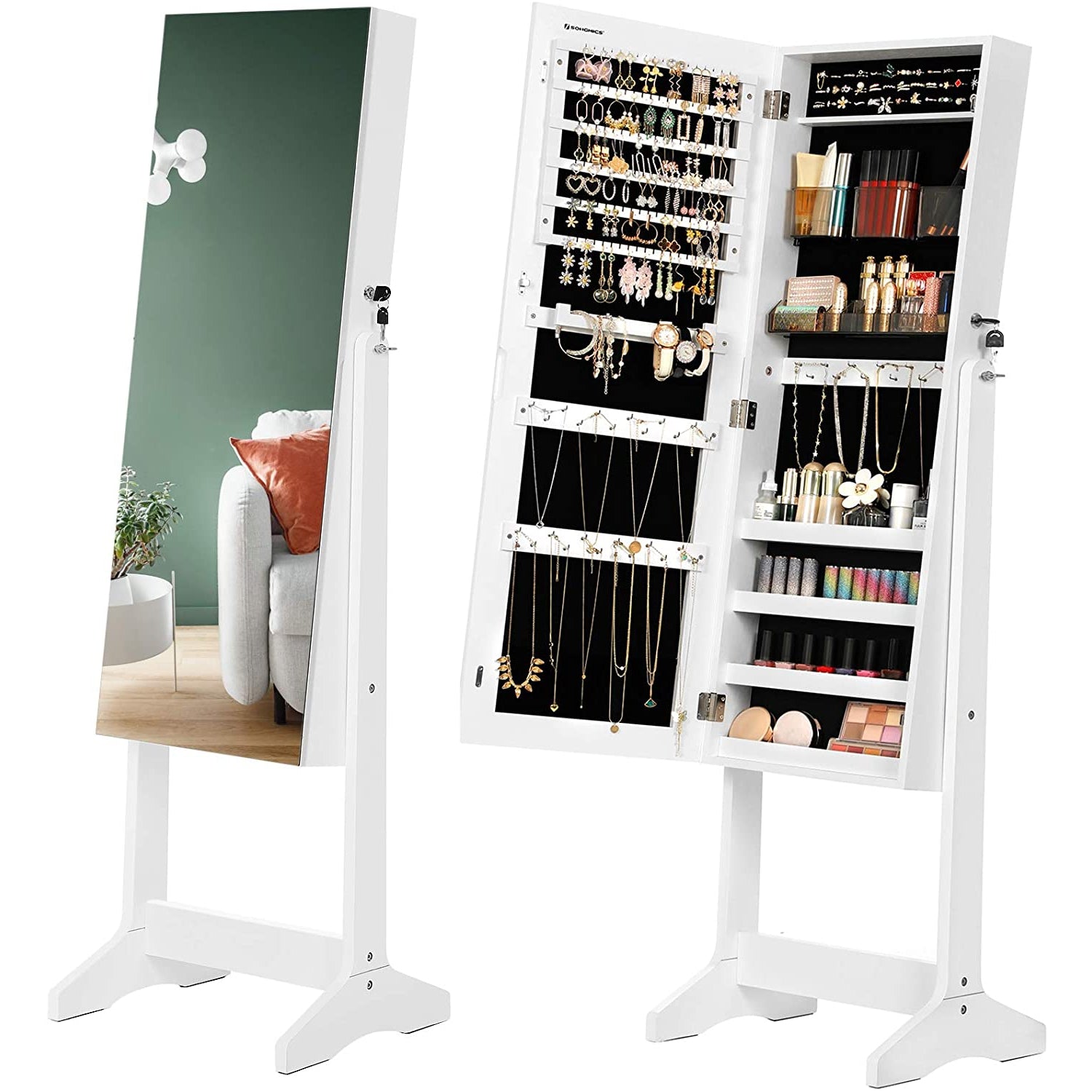 Nancy's Rosemead Sieradenspiegel - Sieradenkast - Spiegelkast - Make-Up Organizer - Frameloos - Afsluitbaar - Wit - MDF - 41.2 x 36.5 x 152 cm