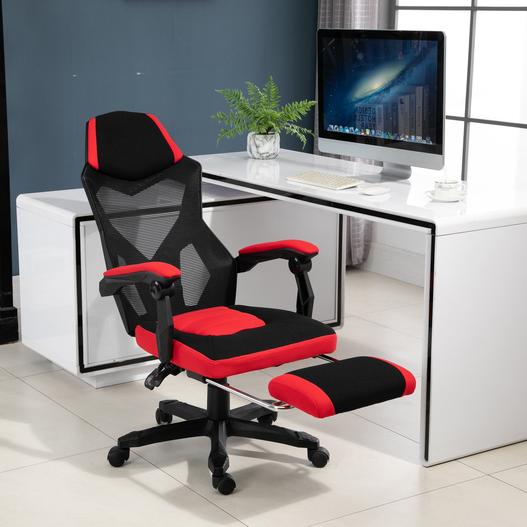 Nancy's Piqua Gaming Chair - Swivel Chair - Office Chair - Footrest - Mesh - Adjustable Height - Black / Red
