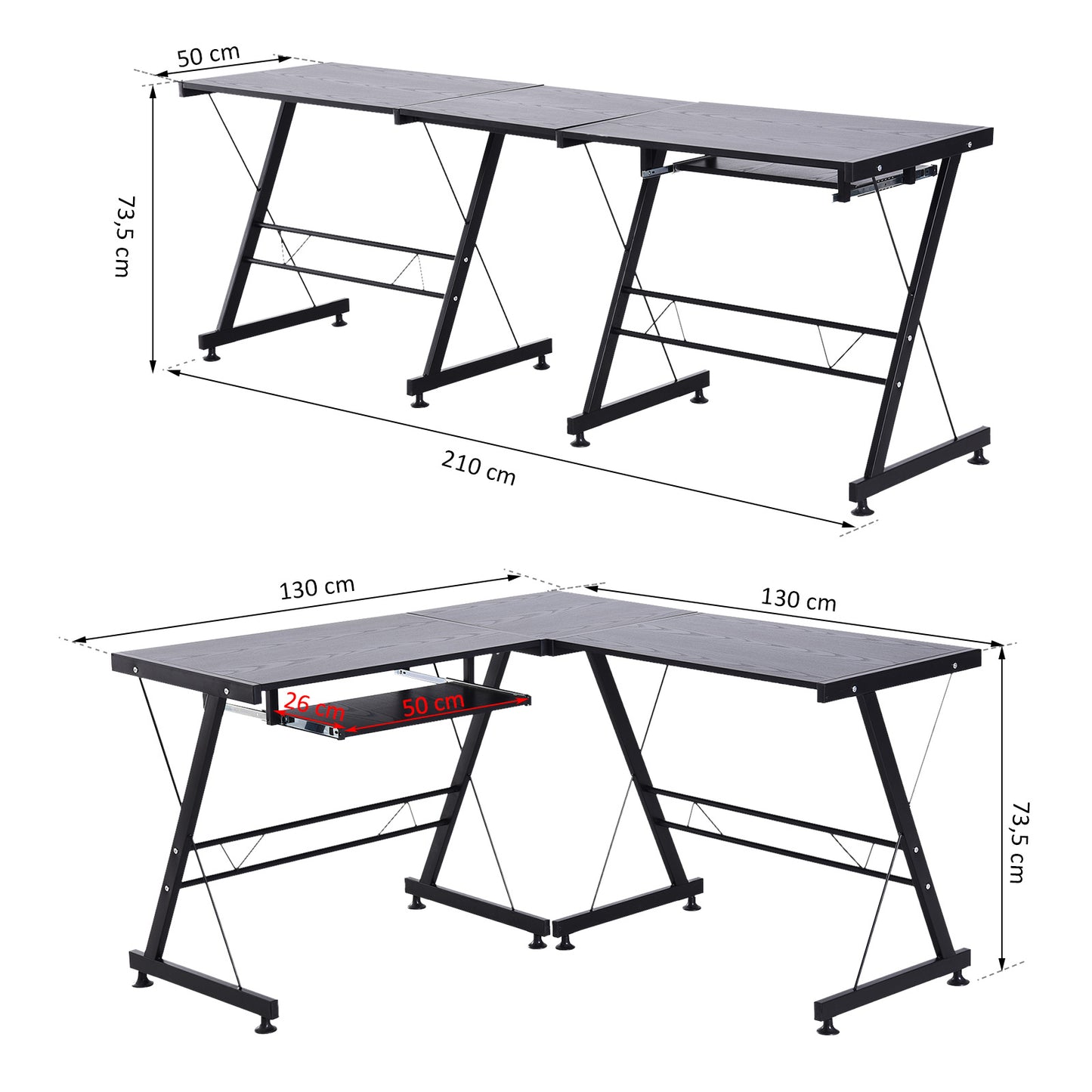 Nancy's Faribault Bureau - Hoekbureau - In Hoogte Verstelbaar - L-Vorm - 130 x 130 x 73 cm - Zwart - MDF - Staal