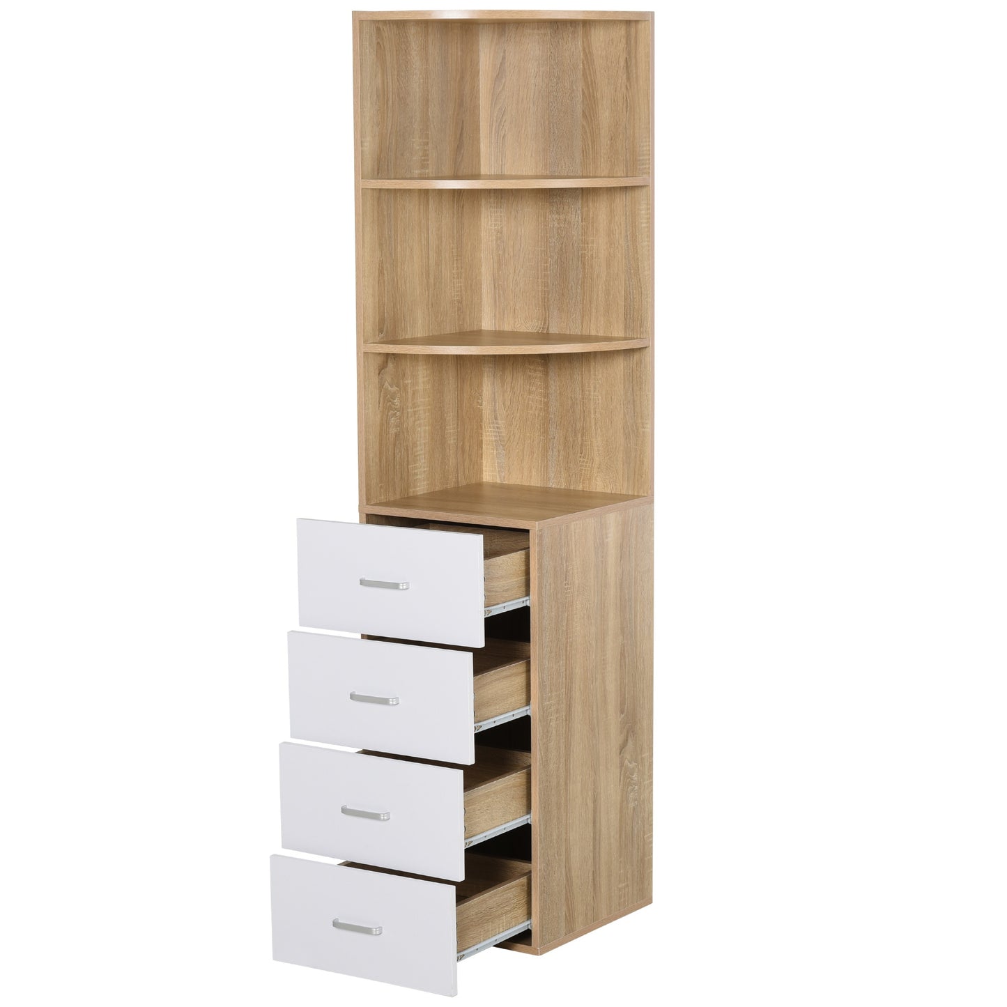 Nancy's Defiance Boekenkast - 3 Niveaus - 4 Lades - Bewerkt Hout - Melamine - 40 x 40 x 170 cm - Naturel - Wit