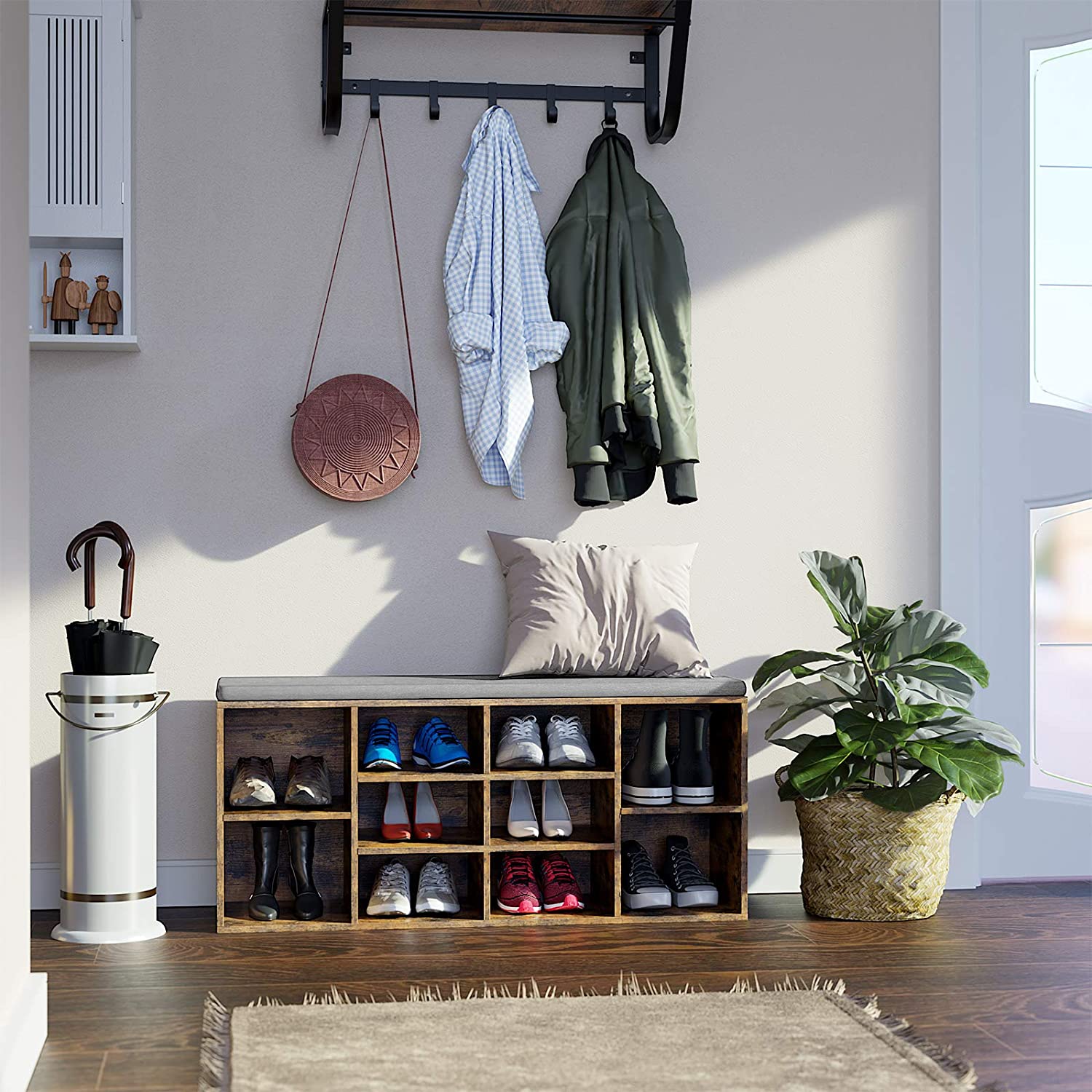 Nancy's Gramont Schoenenbank - Schoenenrek - 10 Vakken - Industrieel - Bekleding - Bruin - Grijs - 104 x 30 x 48 cm