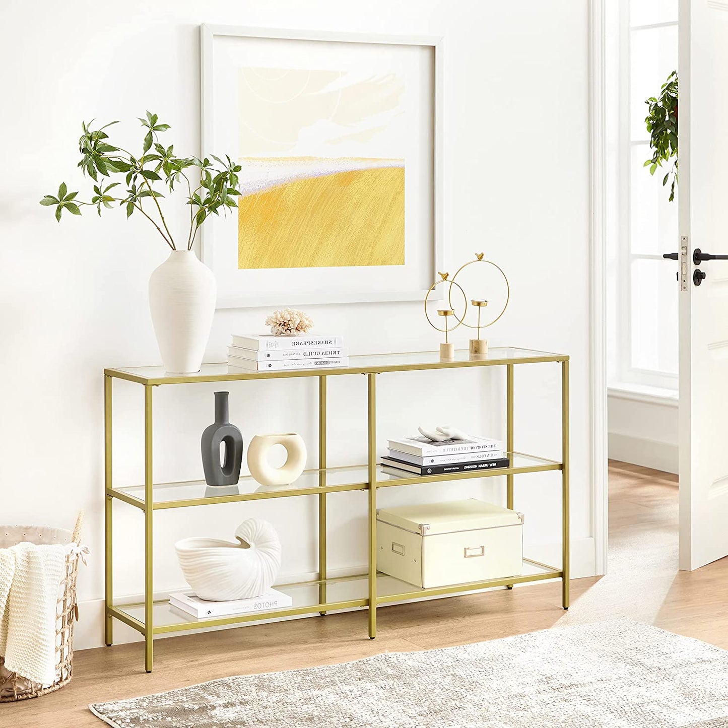 Nancy's Granada Sidetable - Consoletafel - 3 Niveaus - Goud - Glas / Staal - ± 130 x 30 x 70 cm