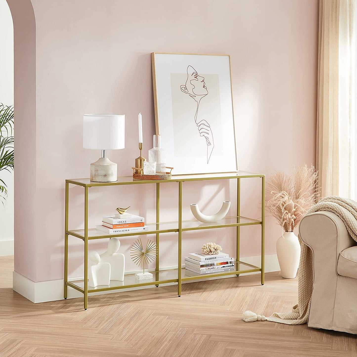 Nancy's Granada Sidetable - Consoletafel - 3 Niveaus - Goud - Glas / Staal - ± 130 x 30 x 70 cm