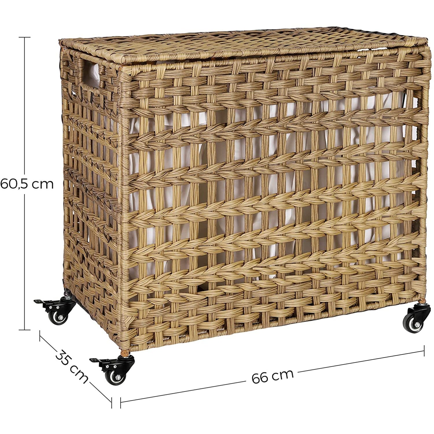 Panier à linge Nancy's Handwoven 143L - 3 compartiments - Panier de rangement - Poches doublure amovibles - Naturel/Blanc/Gris - 66 x 35 x 60,5 cm