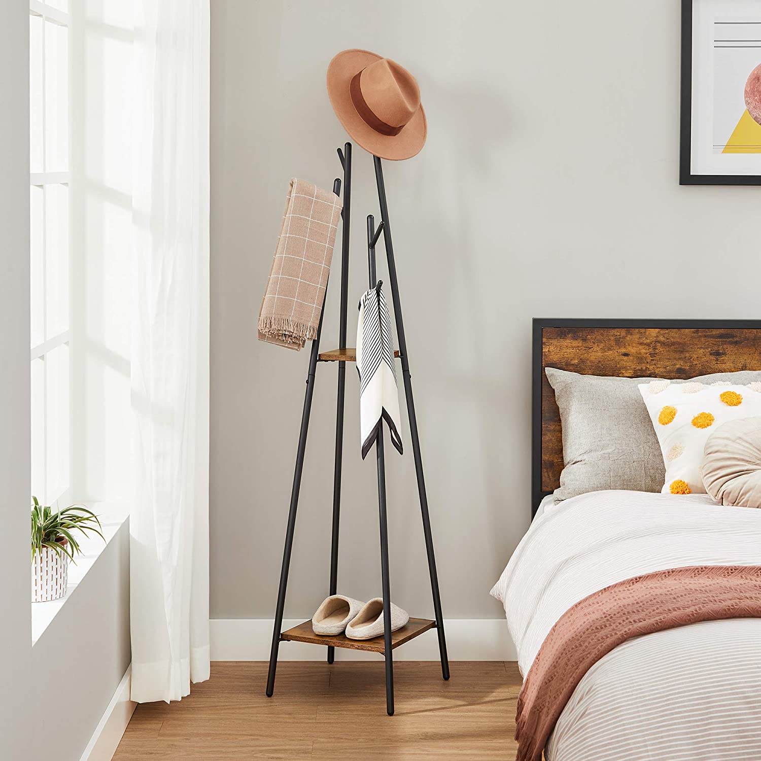 Nancy's Perryton Kapstok - 2 Legplanken - 8 Haken - 38 x 38 x 171 cm - Industrieel - Bruin - Zwart - Bewerkt Hout - Metaal