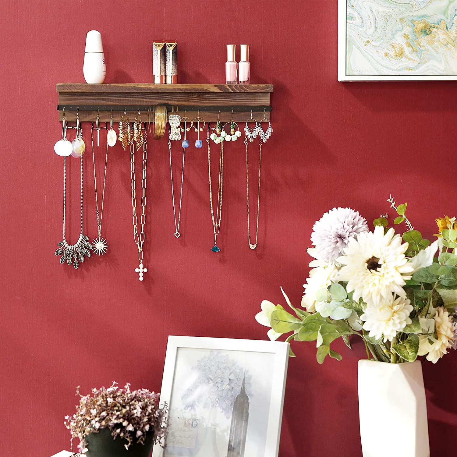 Nancy's Foxmead Sieradendisplay - Sieradenorganisator - Wandmontage - Haken - Bruin - Dennenhout - Ijzer - 40 x 7,5 x 7,5 cm