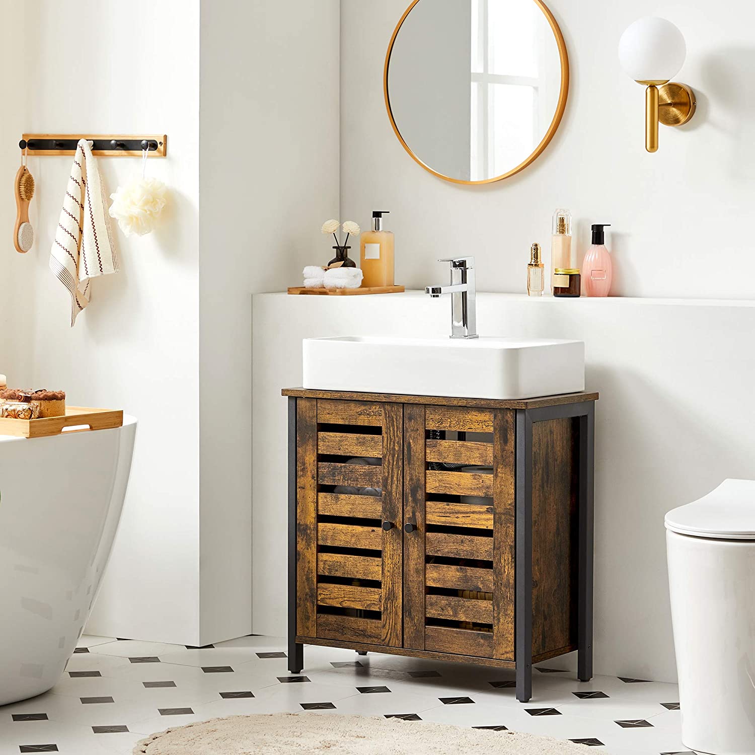 Meubles de salle de bain Nancy's Camp Bosco - Meuble de salle de bain - Meuble lavabo - Marron Vintage / Noir - 60 x 30 x 60 cm