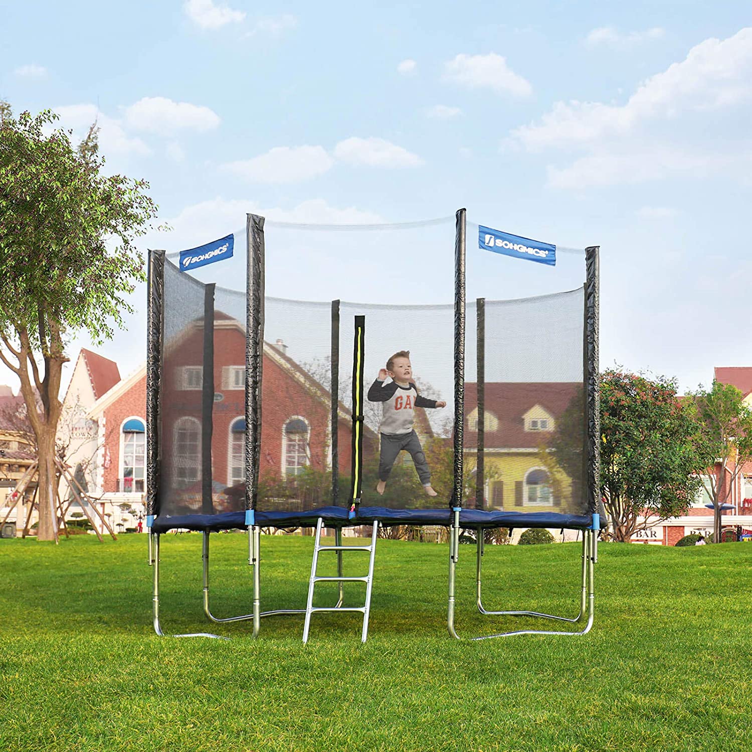 Nancy's Kyle Trampoline - Tuintrampoline - Rond - Ladder - Gevoerde Stangen - Veiligheidsnet - Zwart - Blauw - 427 cm