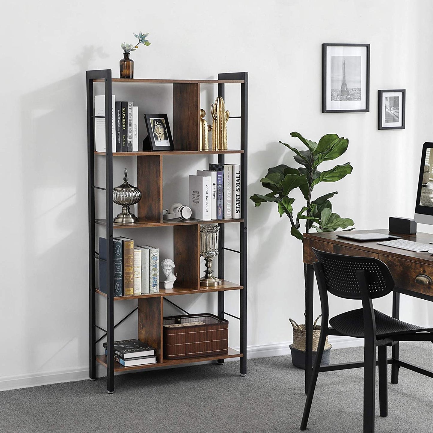 Nancy's Pasco Boekenrek - Boekenkasten - Wandkast - Vintage Bruin / Zwart - ± 75 x 30 x 155 cm