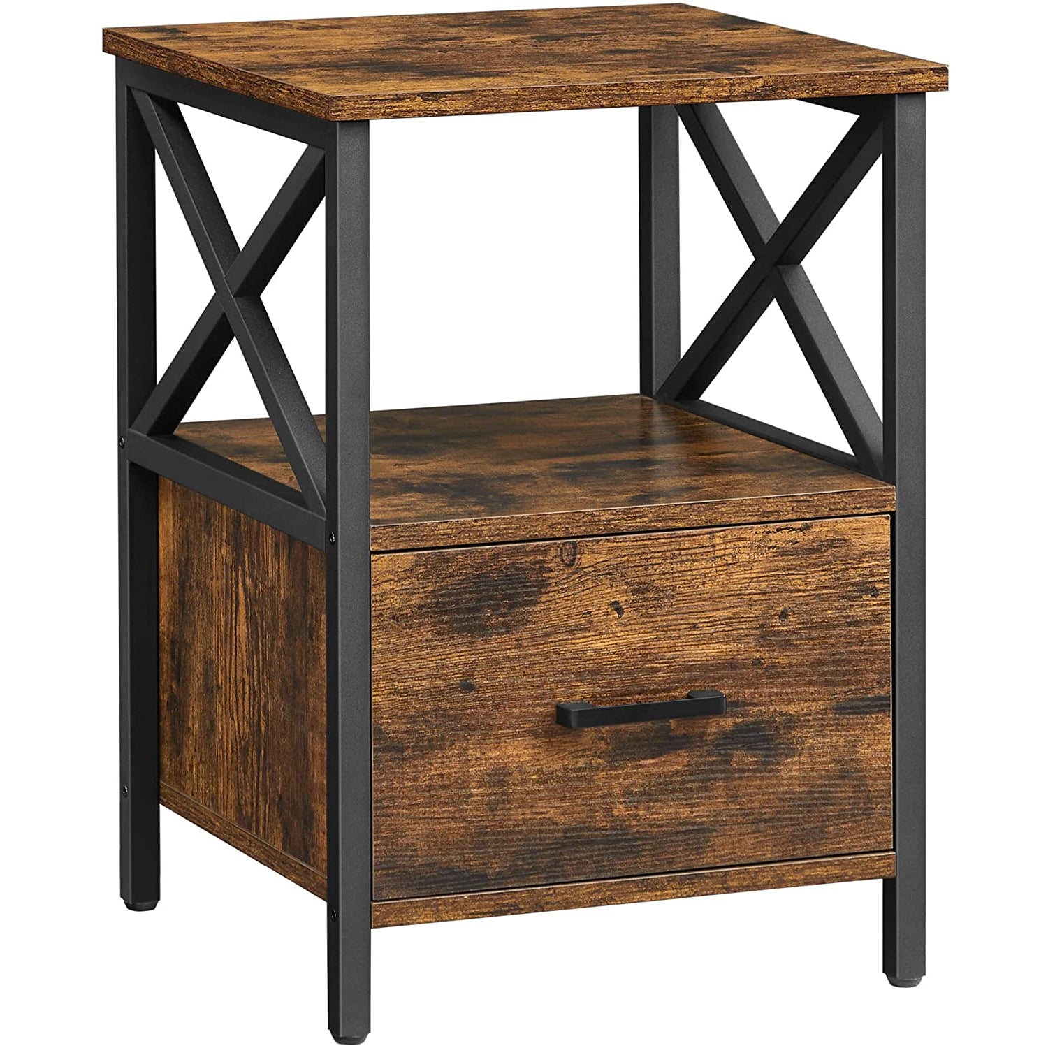 Nancy's Springdale Nachtkastje - Bijzettafel - 1 Lade - Vintage - Industrieel - Opbergruimte - Bruin - Zwart - Bewerkt Hout - Metaal - 40 x 40 x 55 cm
