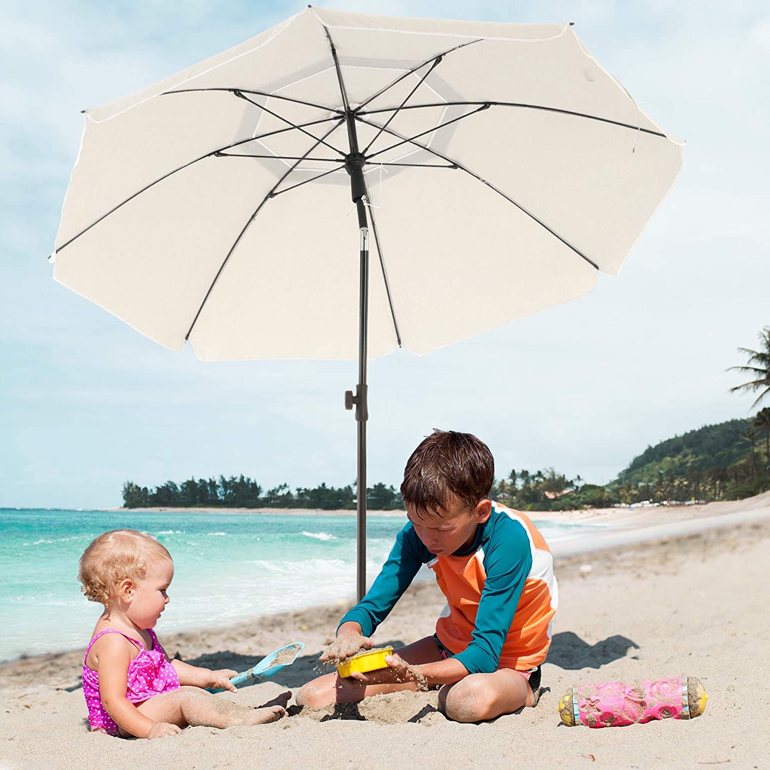 Nancy's Frog Lake Parasol - Strandparasol - Kantelmechanisme - Achthoekig - Polyester - Draagtas - Beige - Ø 160 cm