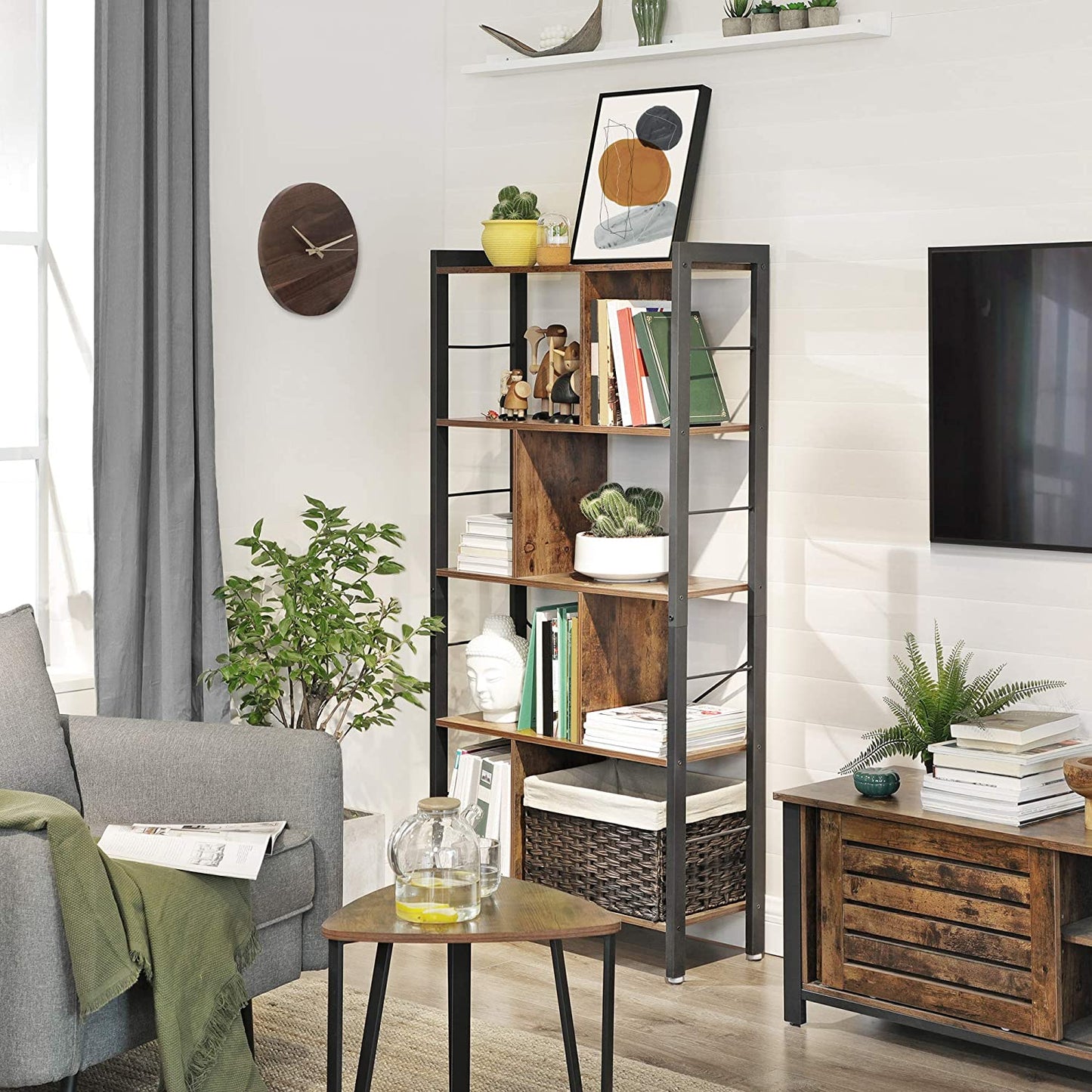 Nancy's Pasco Boekenrek - Boekenkasten - Wandkast - Vintage Bruin / Zwart - ± 75 x 30 x 155 cm