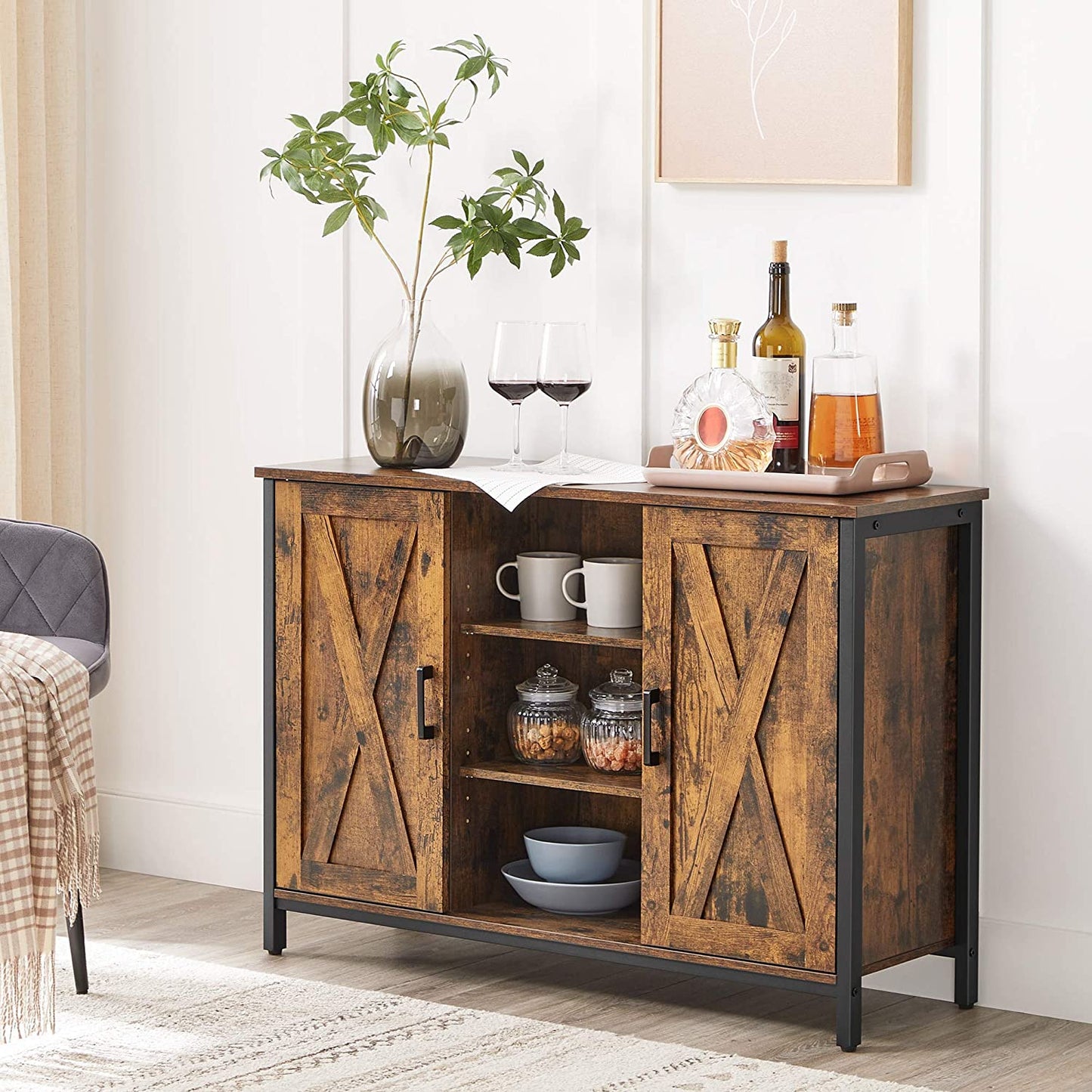 Nancy's Bothell Dressoir - Opbergkast - Vintage - Bruin / Zwart - Spaanplaat / Staal - 100 x 35 x 70 cm