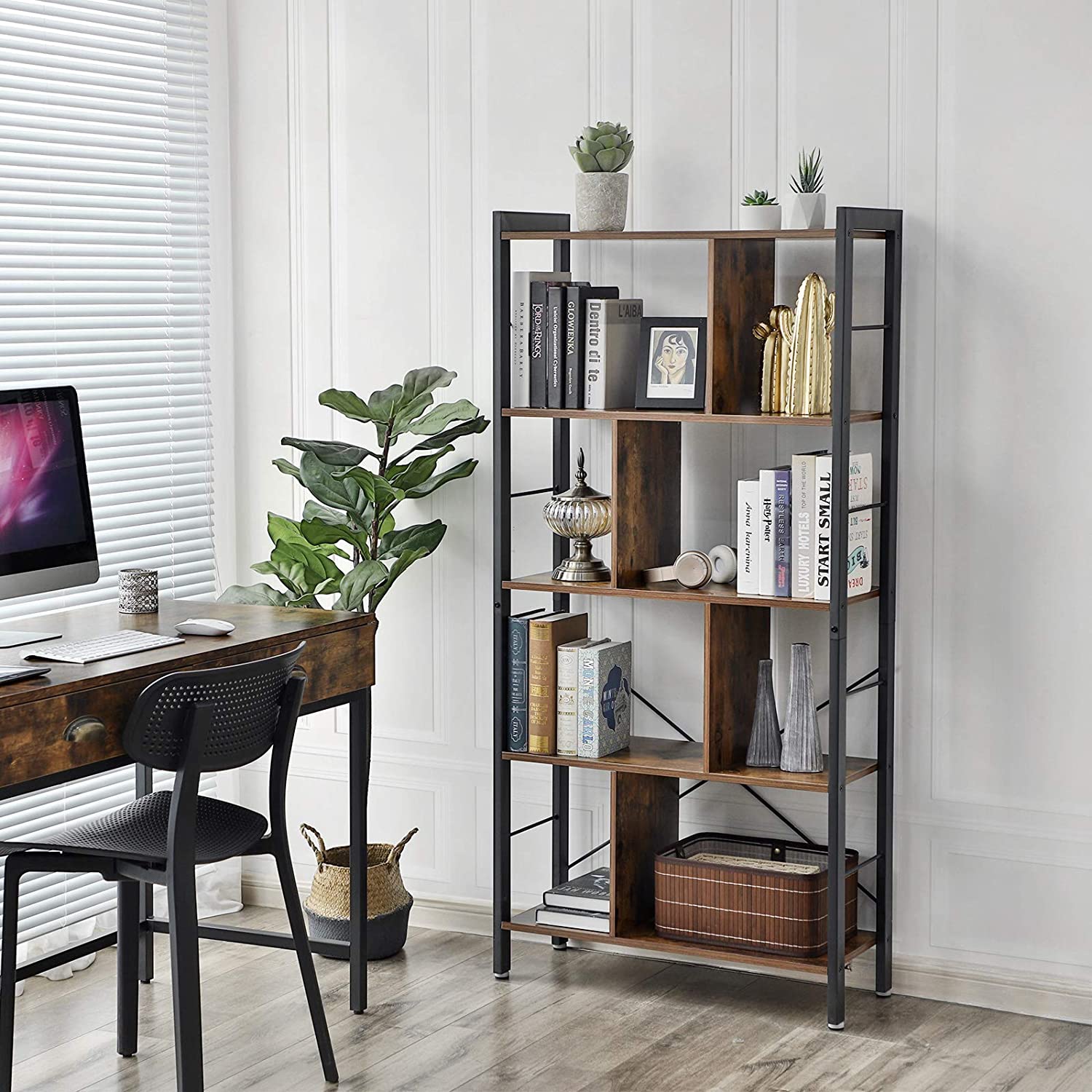 Nancy's Pasco Boekenrek - Boekenkasten - Wandkast - Vintage Bruin / Zwart - ± 75 x 30 x 155 cm