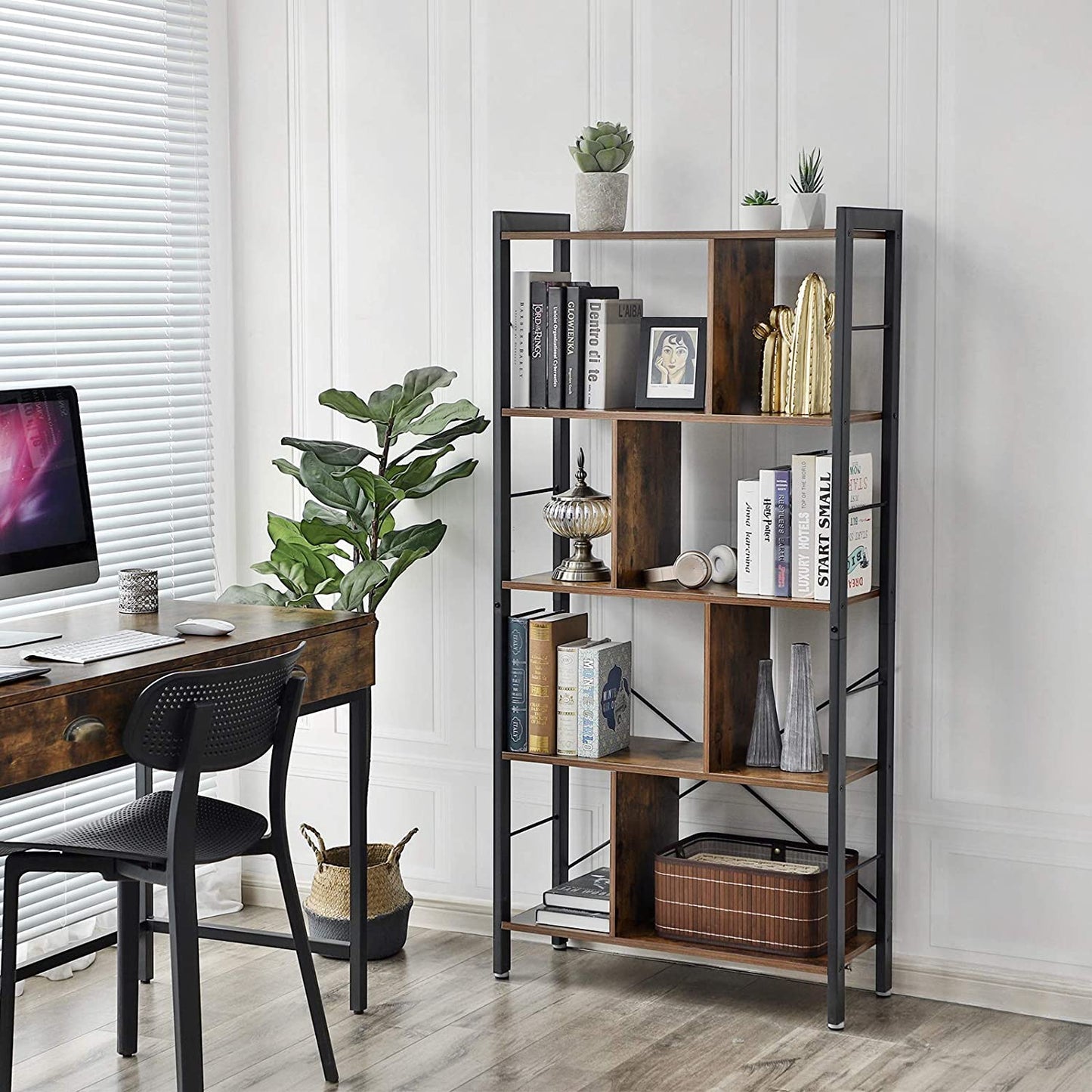 Nancy's Pasco Boekenrek - Boekenkasten - Wandkast - Vintage Bruin / Zwart - ± 75 x 30 x 155 cm