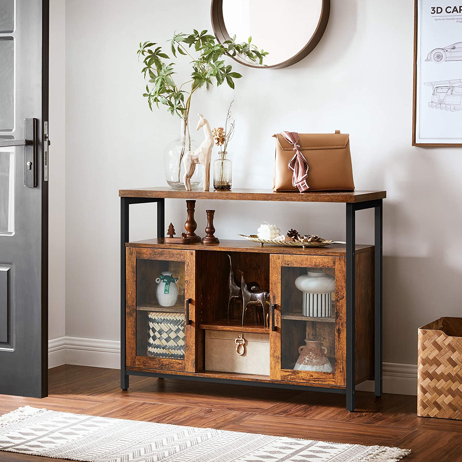 Nancy's Potomac Dressoir - Opbergkast - Sideboard - Keukenkast - 2 Deuren - 2 Open Vakken - Industrieel - Bruin -  Bewerkt Hout - Metaal - 100 x 35 x 80 cm