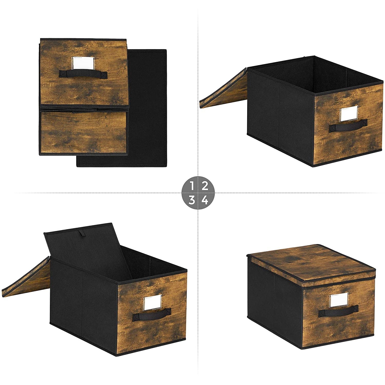 Nancy's Lubbock Opbergdozen - Opvouwbare Dozen - Set Van 3 - Deksel - Labelhouder - Stof - Vintage - Bruin - Zwart - 30 x 40 x 25 cm