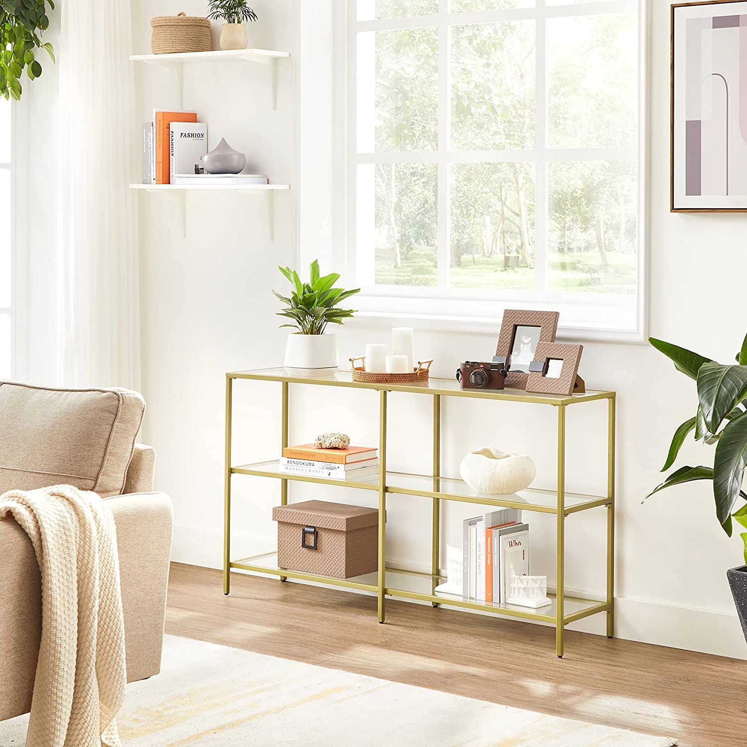 Nancy's Granada Sidetable - Consoletafel - 3 Niveaus - Goud - Glas / Staal - ± 130 x 30 x 70 cm