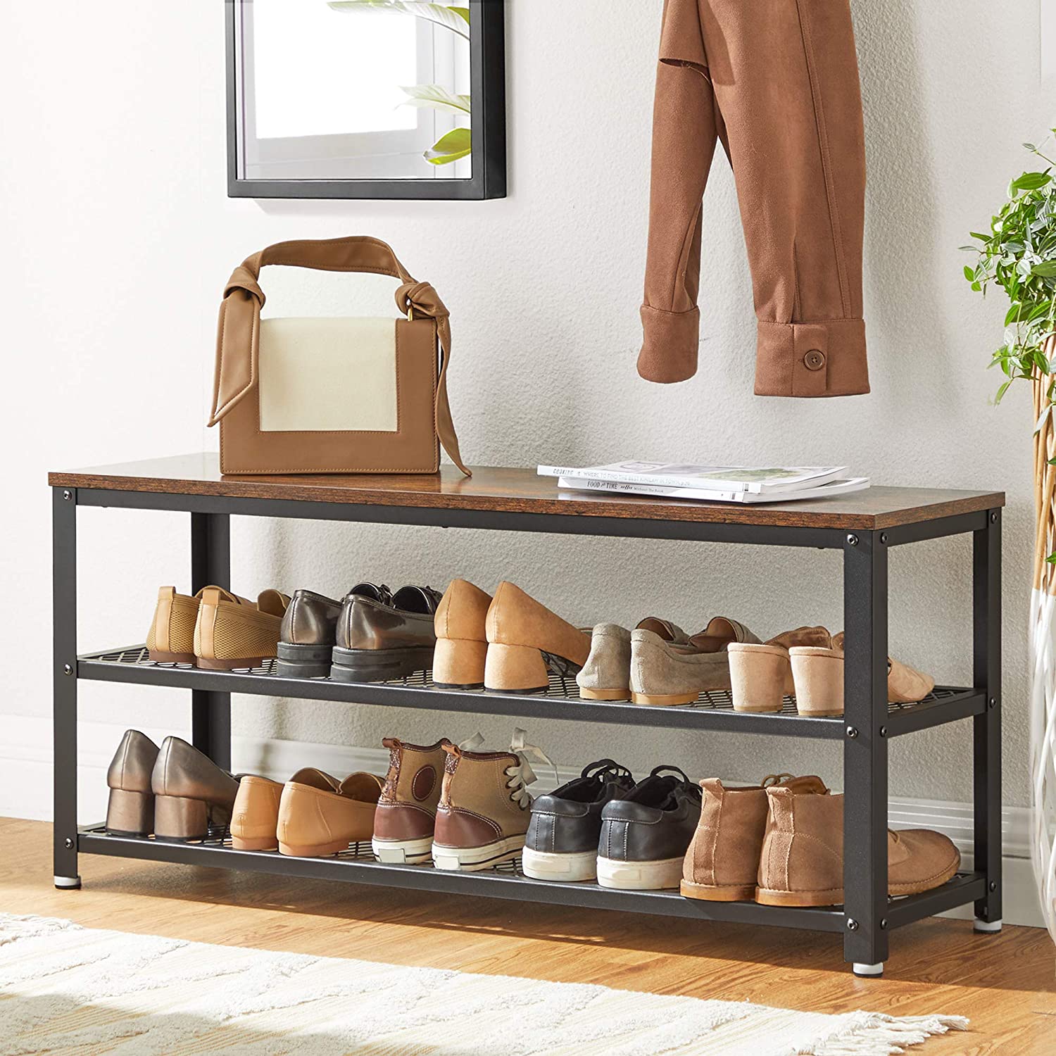 Nancy's Hillsboro Shoe Bench - Shoe Rack - Shoe Cabinet - Vintage Brown / Black - 100 x 30 x 45 cm