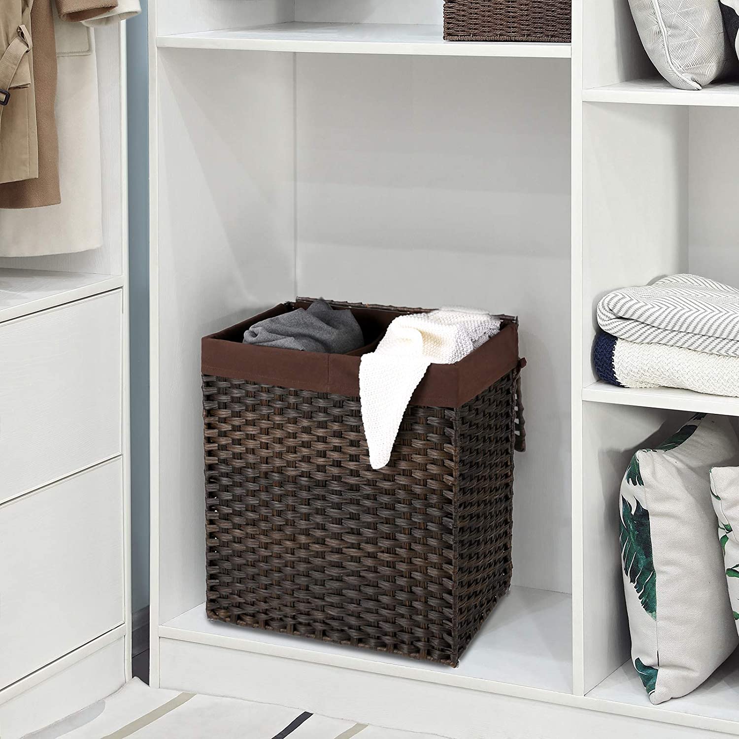 Nancy's Handgeweven wasmand - Wasmanden met deksel en handgrepen, opvouwbaar, uitneembare voeringzak - 110L - Bruin