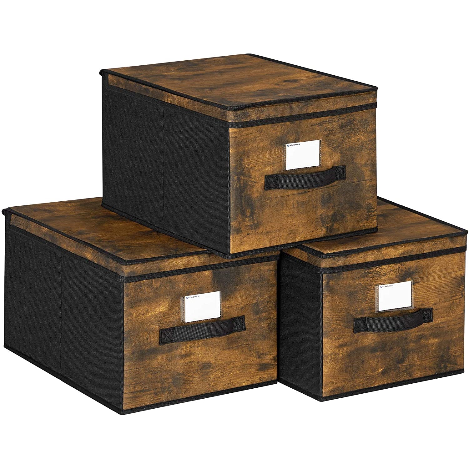 Nancy's Lubbock Opbergdozen - Opvouwbare Dozen - Set Van 3 - Deksel - Labelhouder - Stof - Vintage - Bruin - Zwart - 30 x 40 x 25 cm