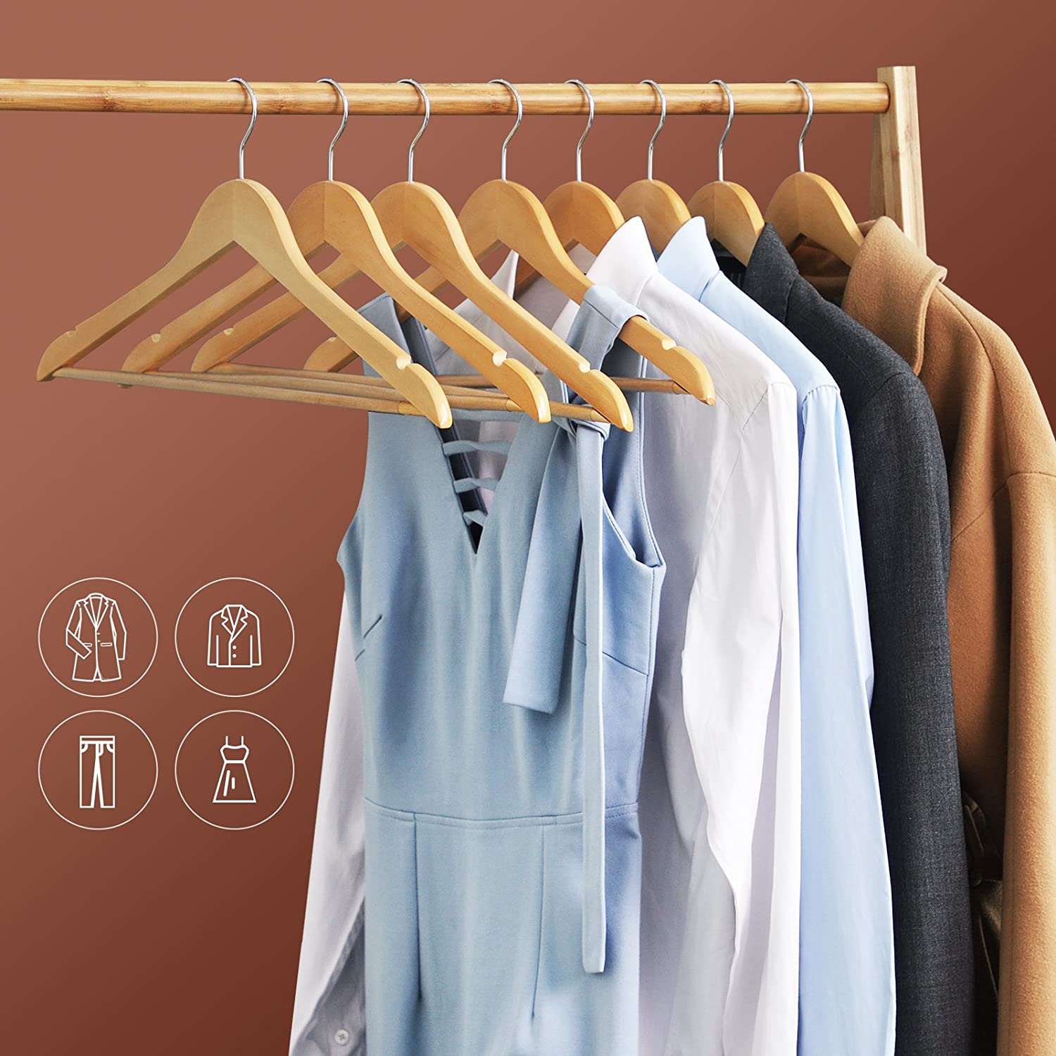 Nancy's Kleerhangers - 50 stuks - Kledinghanger met inkepingen in de rok en broekstang - 360 graden draaibaar - Kostuumhanger - Houten jashanger voor kleding, pak, jas, broek - Esdoorn hout