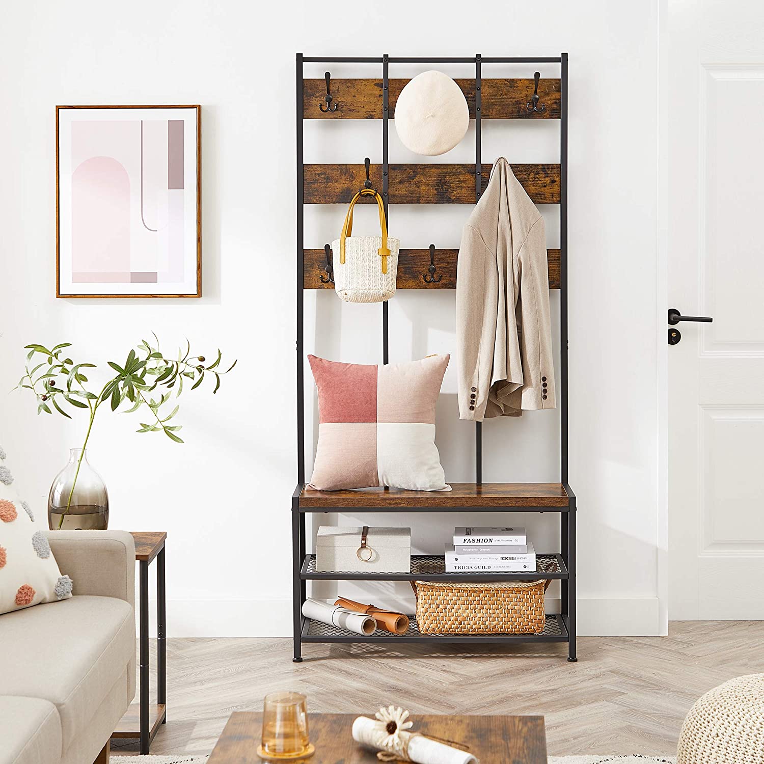 Nancy's Sinton Coat Rack - Wardrobe Rack - 8 Hooks - Bench - Shoe Rack - Vintage Brown / Black - ± 85 x 30 x 185 cm