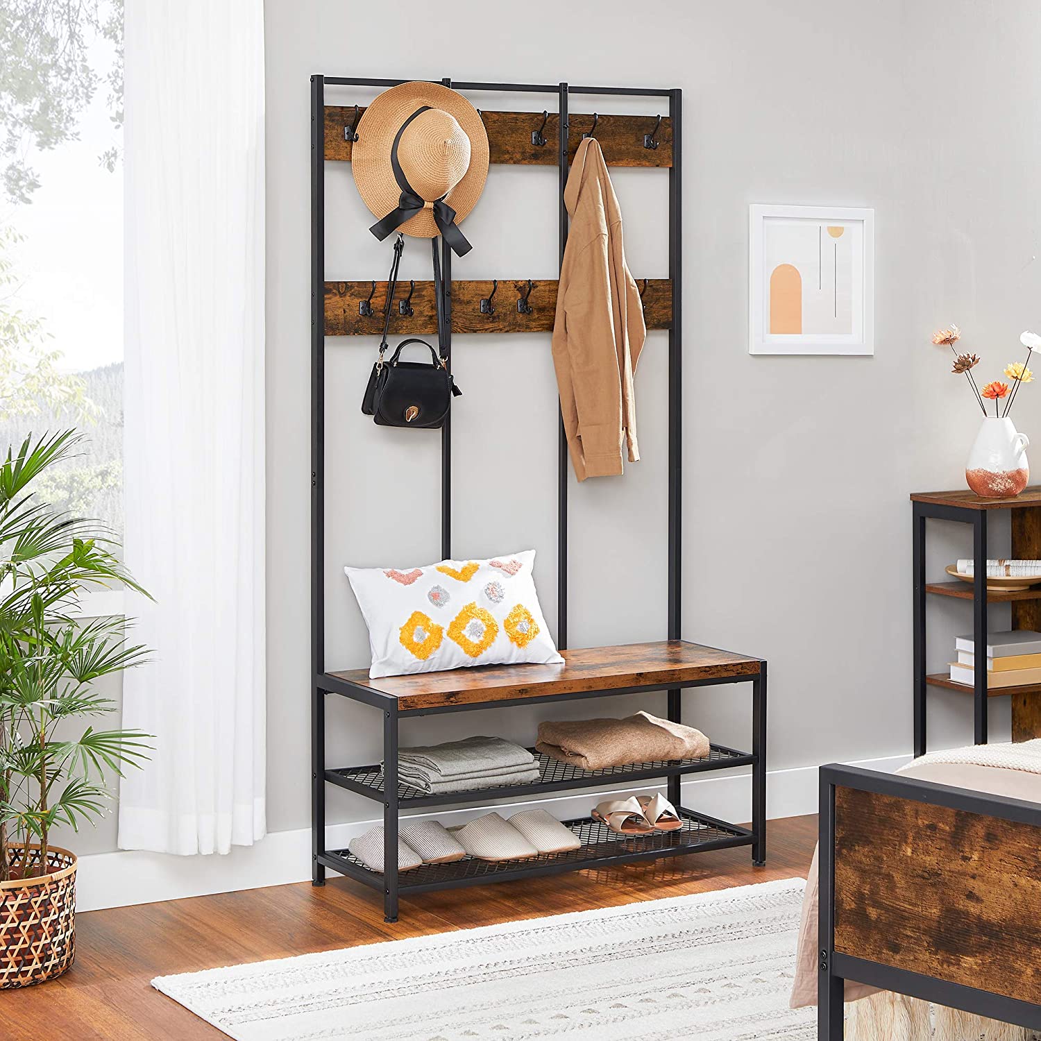 Nancy's Greenfield Coat Rack - Wardrobe Rack - 12 Hooks - Shoe Rack - Vintage Brown / Black - ± 100 x 40 x 185 cm