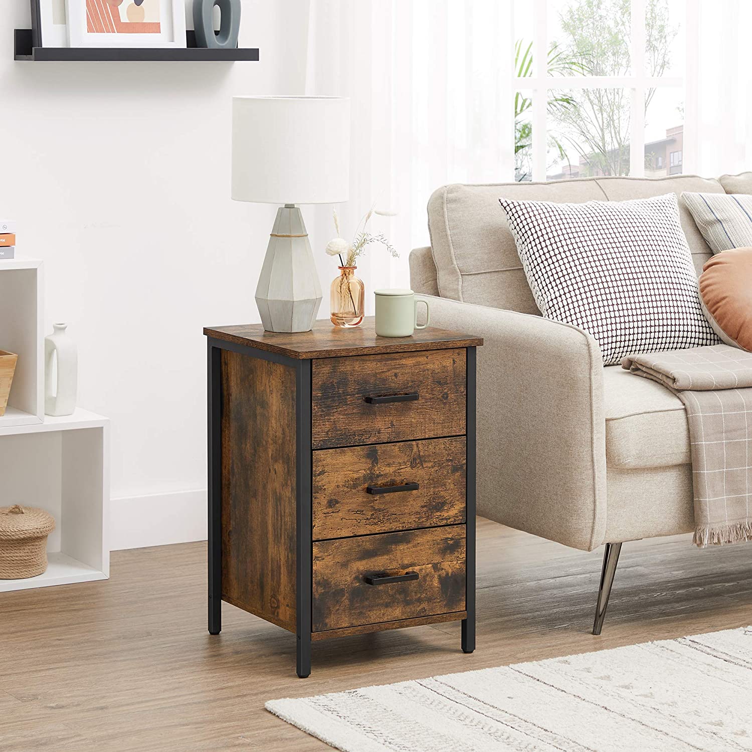 Nancy's Porterville Bedside Table - Chest of Drawers - Side Table - 3 Drawers - Brown / Black - 40 x 40 x 60 cm